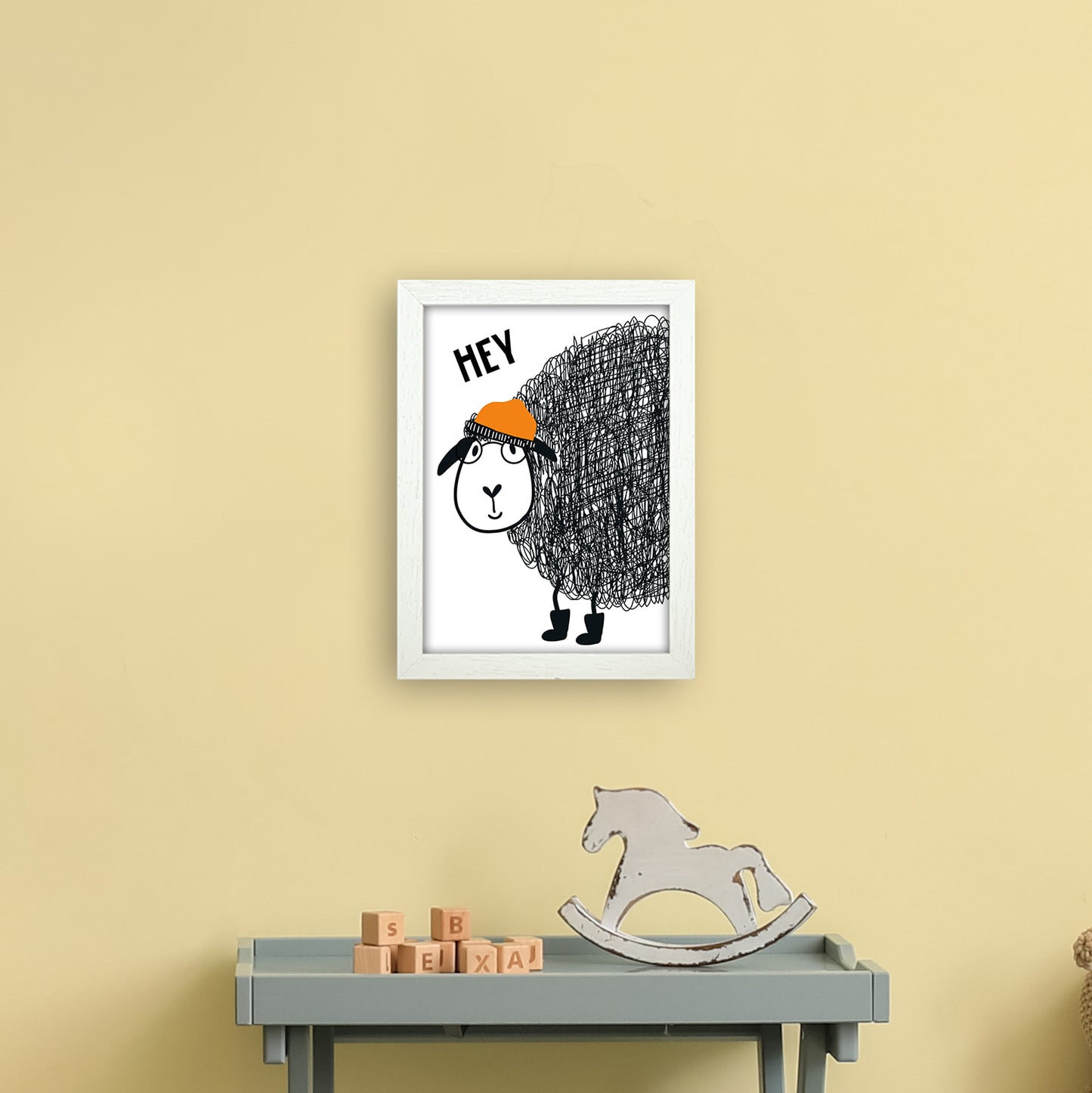 Hey Sheep Animal Art Print by Pixy Paper A4 Oak Frame