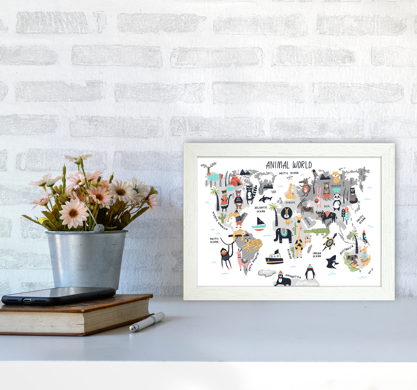 Animal World Map Art Print by Pixy Paper A4 Oak Frame