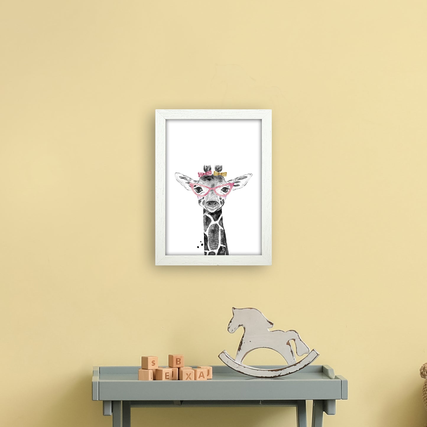 Safari Babies Giraffe With Glasses Art Print by Pixy Paper A4 Oak Frame