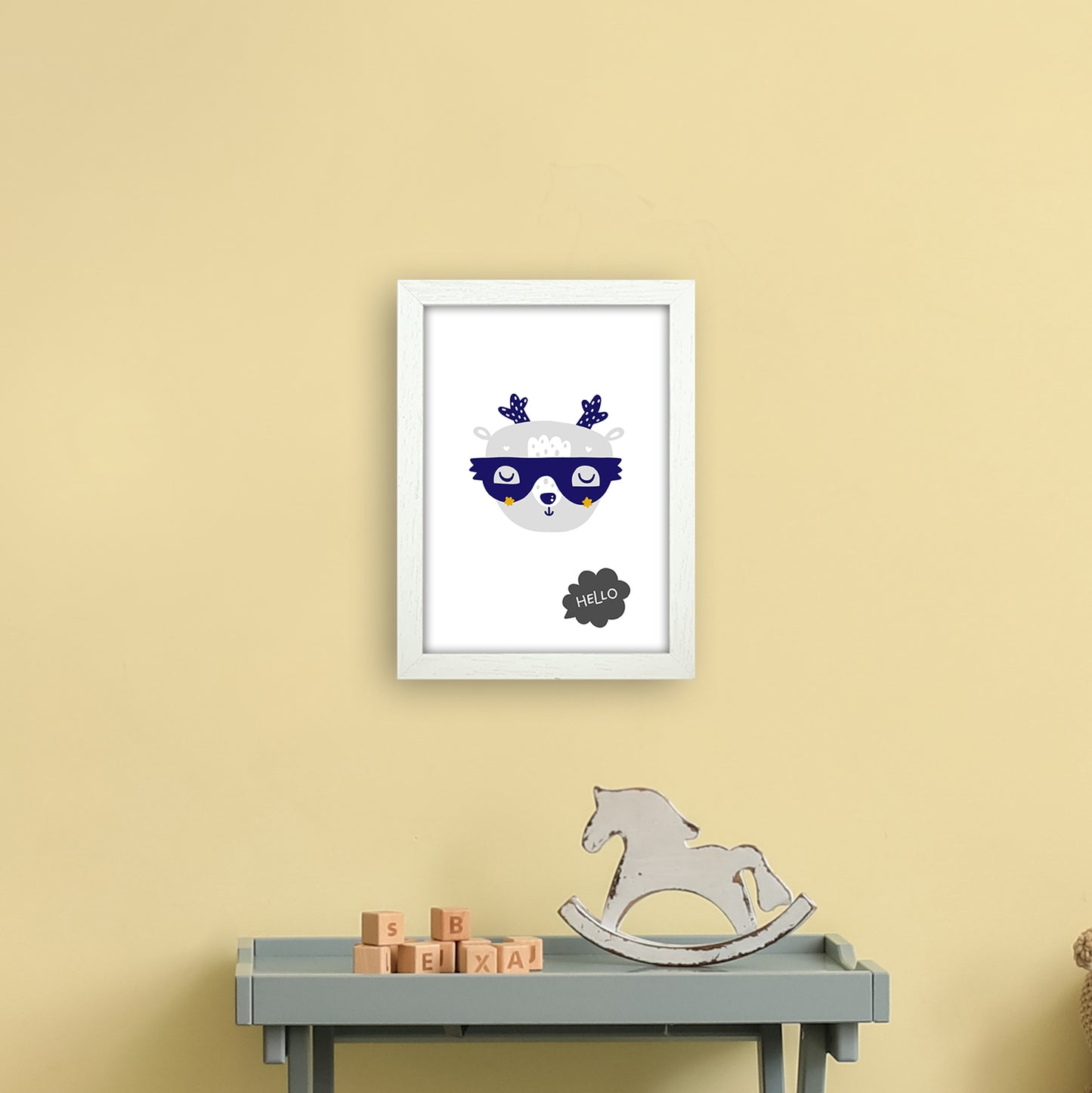 Hello Animal Navy Uper Scandi Art Print by Pixy Paper A4 Oak Frame