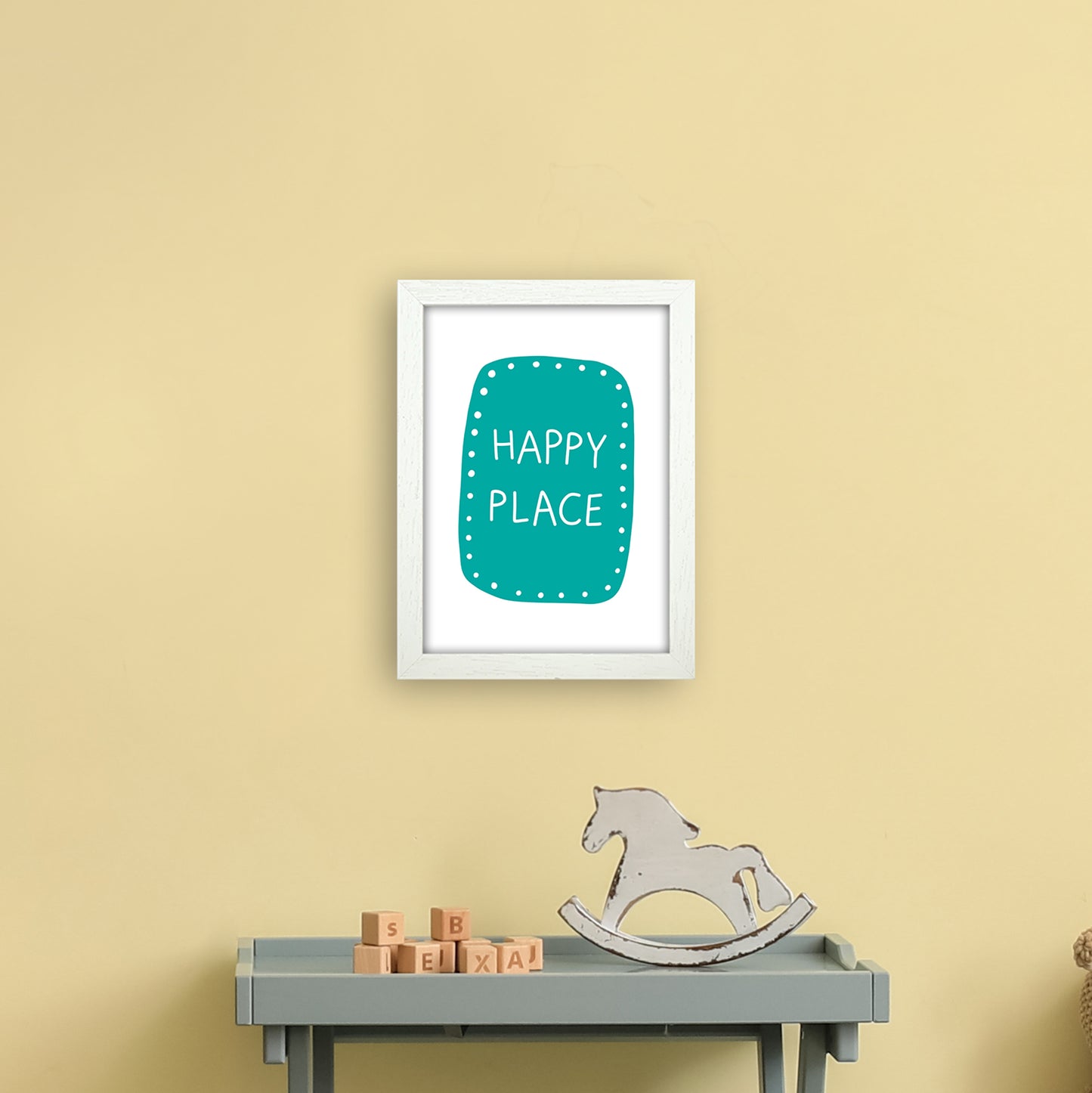 Happy Place Teal Super Scandi Art Print by Pixy Paper A4 Oak Frame
