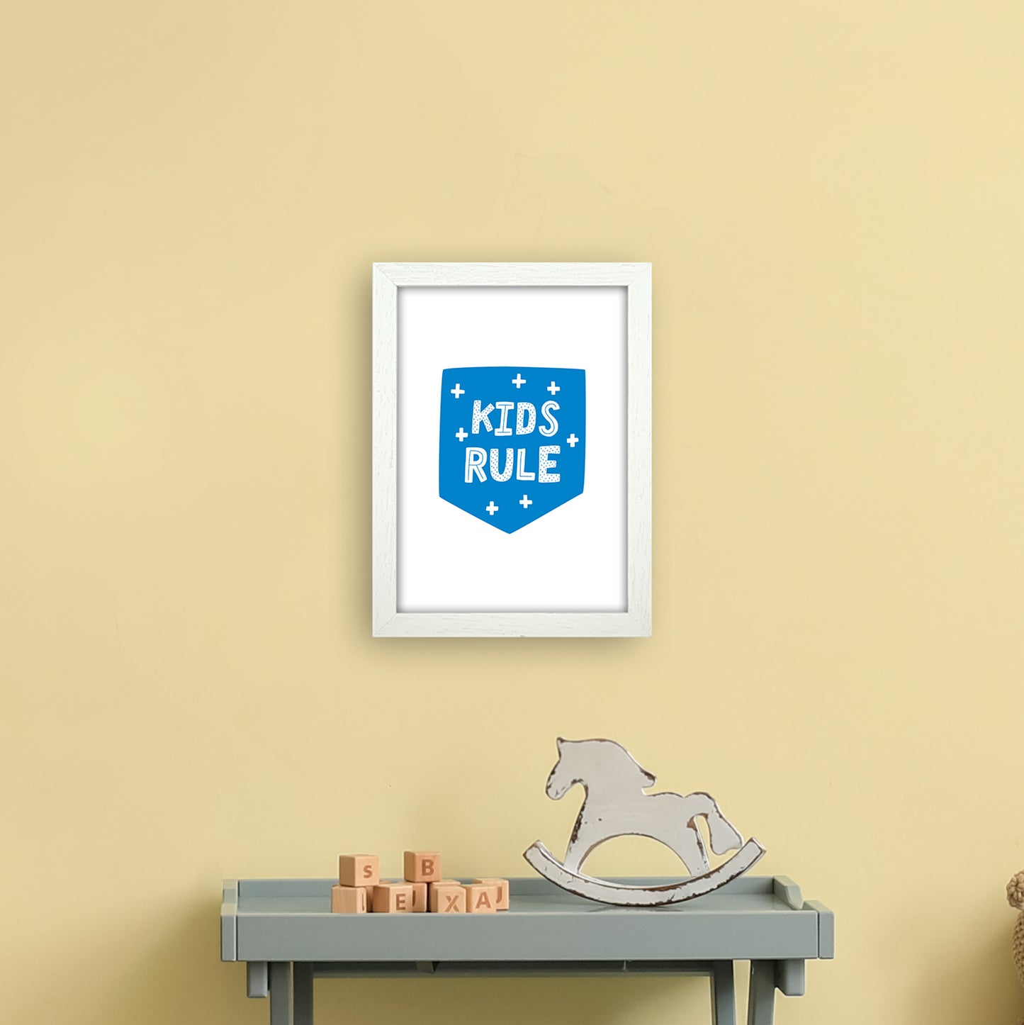 Kids Rule Blue Super Scandi Art Print by Pixy Paper A4 Oak Frame