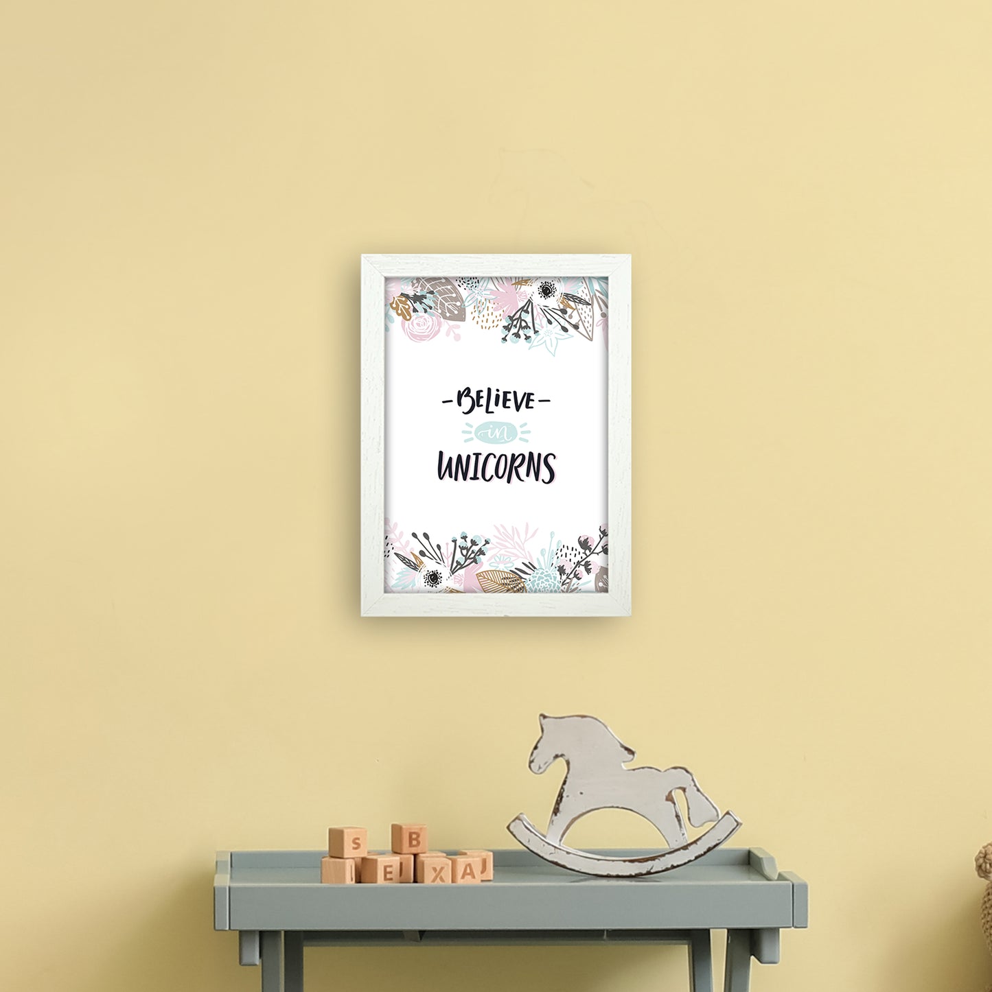 Believe In Unicorns Floral Art Print by Pixy Paper A4 Oak Frame
