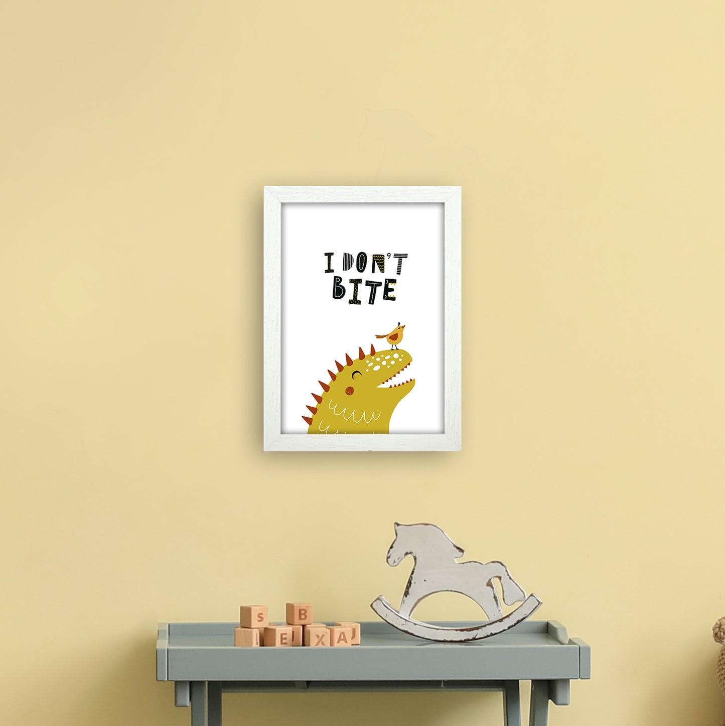 I Don'T Bite Dino Art Print by Pixy Paper A4 Oak Frame