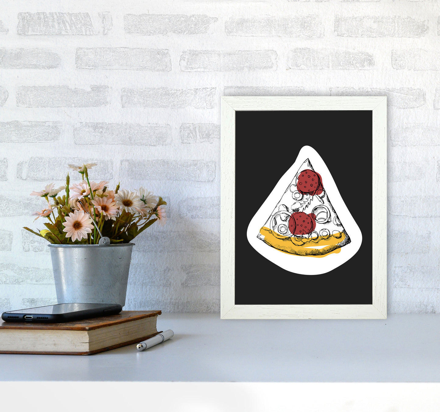 Kitchen Pop Pizza Off Black Art Print by Pixy Paper A4 Oak Frame