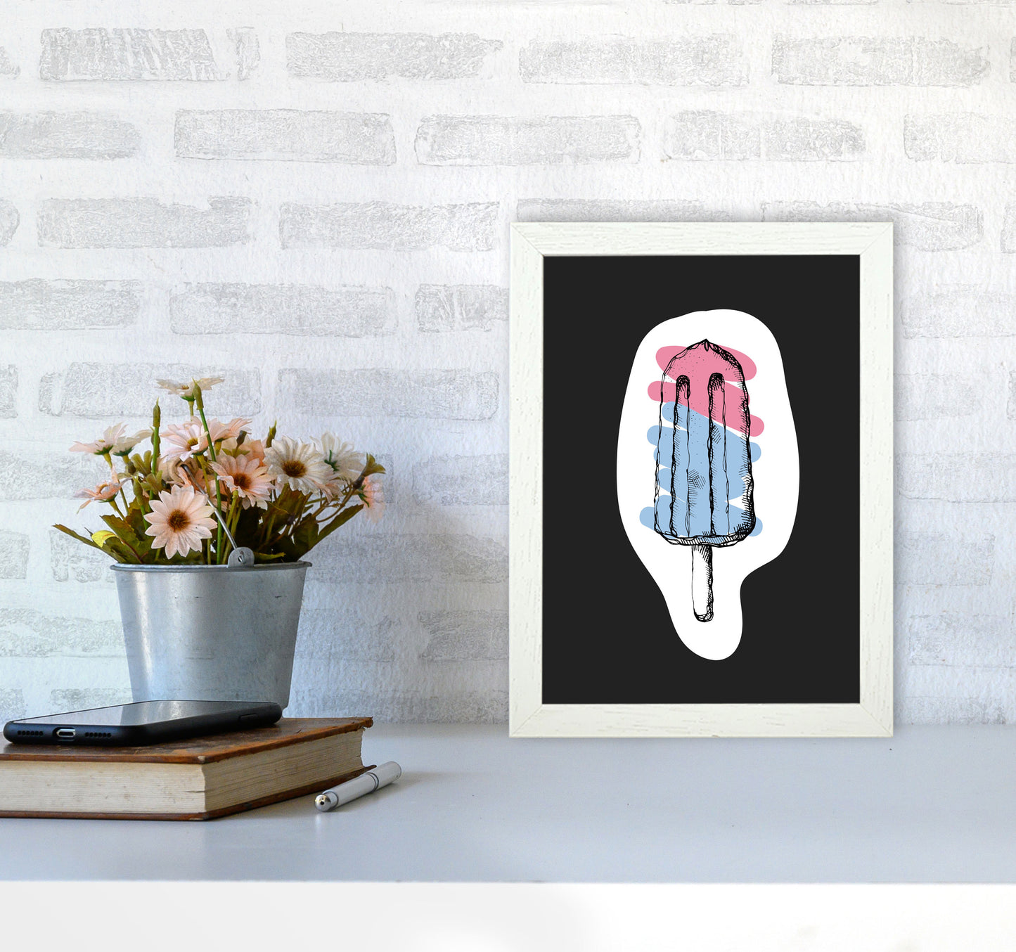 Kitchen Pop Ice Lolly Off Black Art Print by Pixy Paper A4 Oak Frame