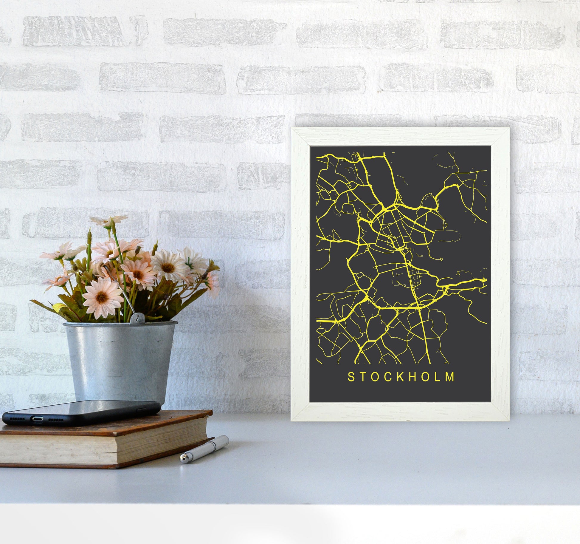 Stockholm Map Neon Art Print by Pixy Paper A4 Oak Frame