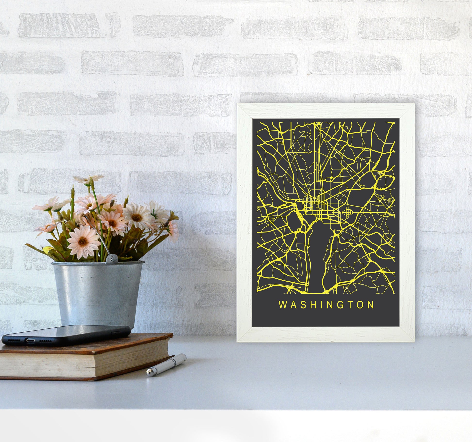 Washington Map Neon Art Print by Pixy Paper A4 Oak Frame