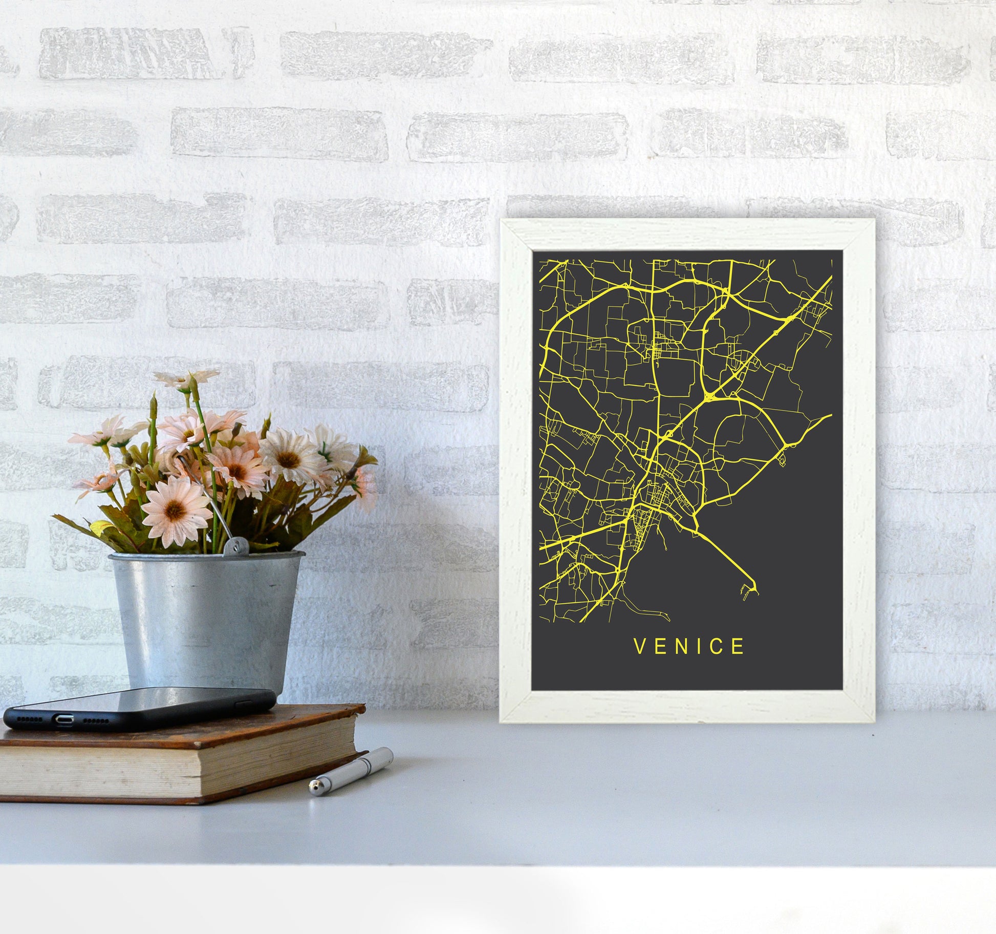 Venice Map Neon Art Print by Pixy Paper A4 Oak Frame