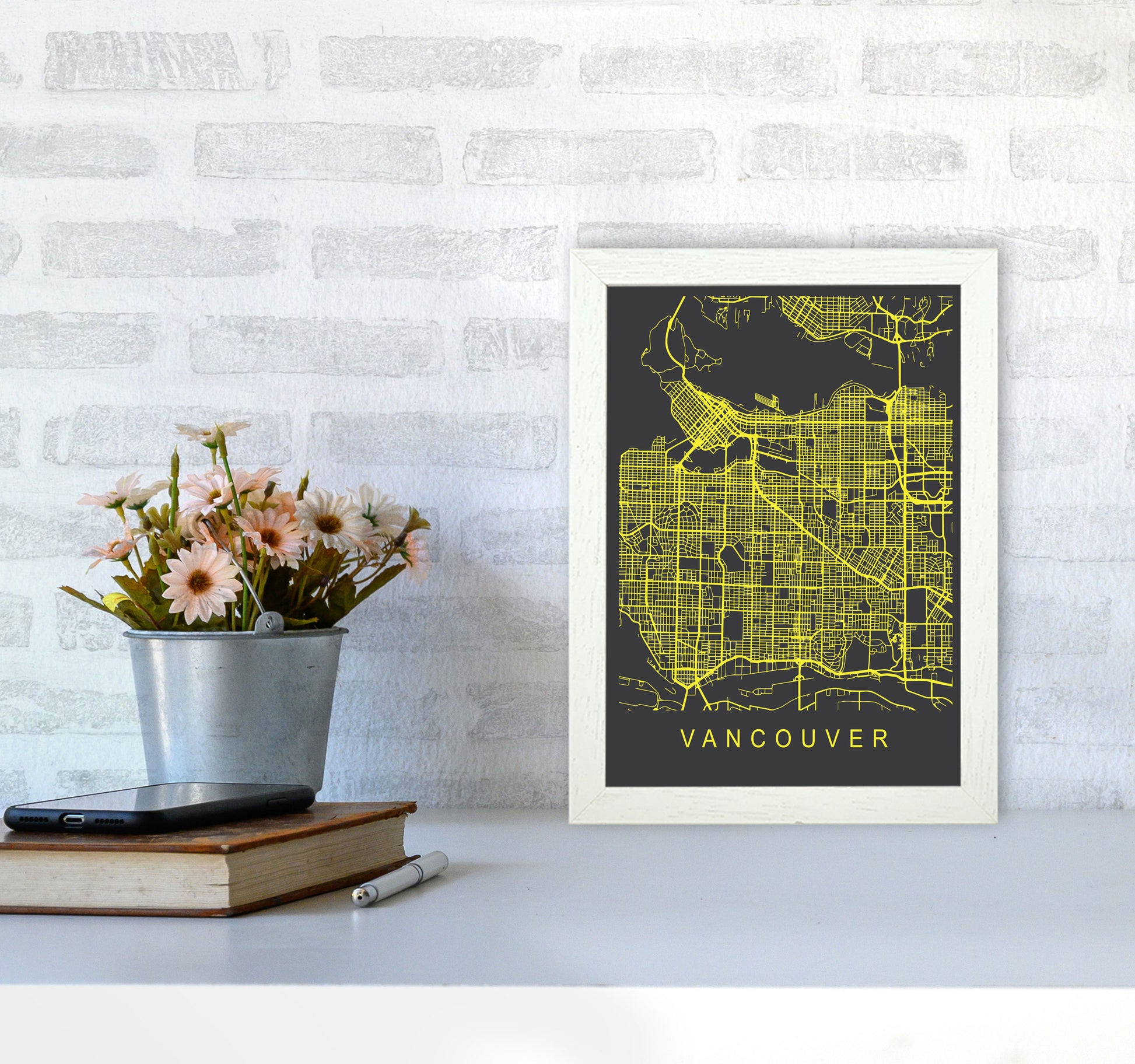 Vancouver Map Neon Art Print by Pixy Paper A4 Oak Frame