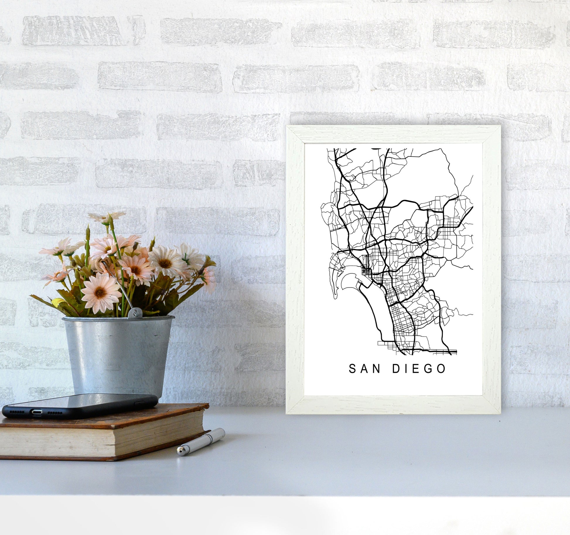 San Diego Map Art Print by Pixy Paper A4 Oak Frame