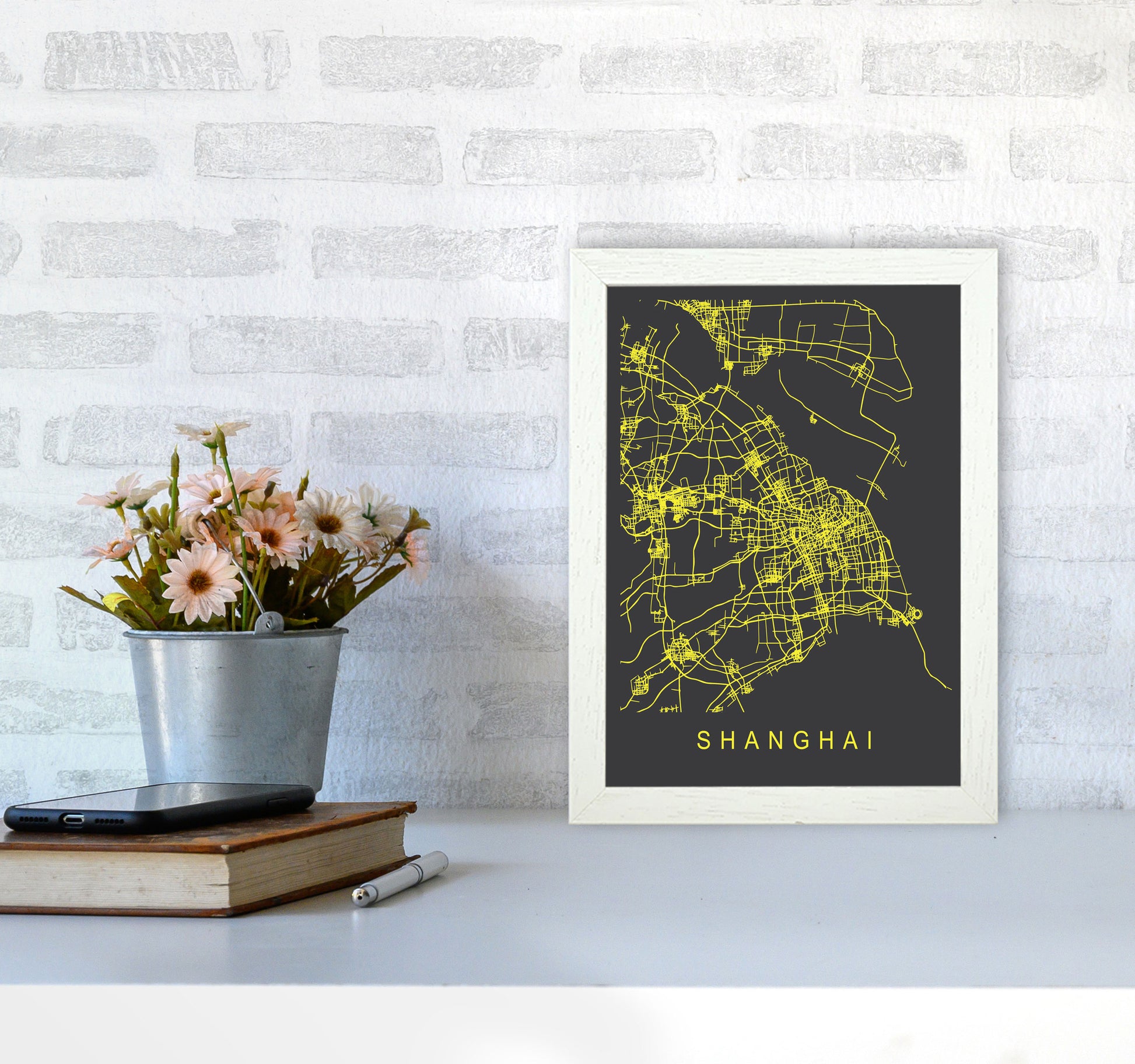 Shanghai Map Neon Art Print by Pixy Paper A4 Oak Frame