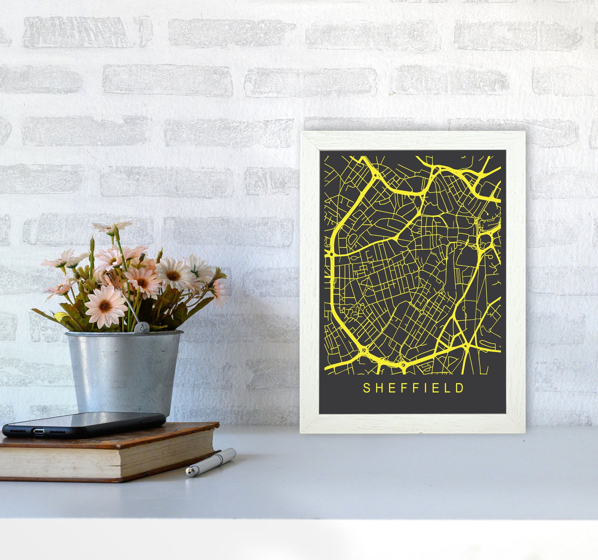 Sheffield Map Neon Art Print by Pixy Paper A4 Oak Frame