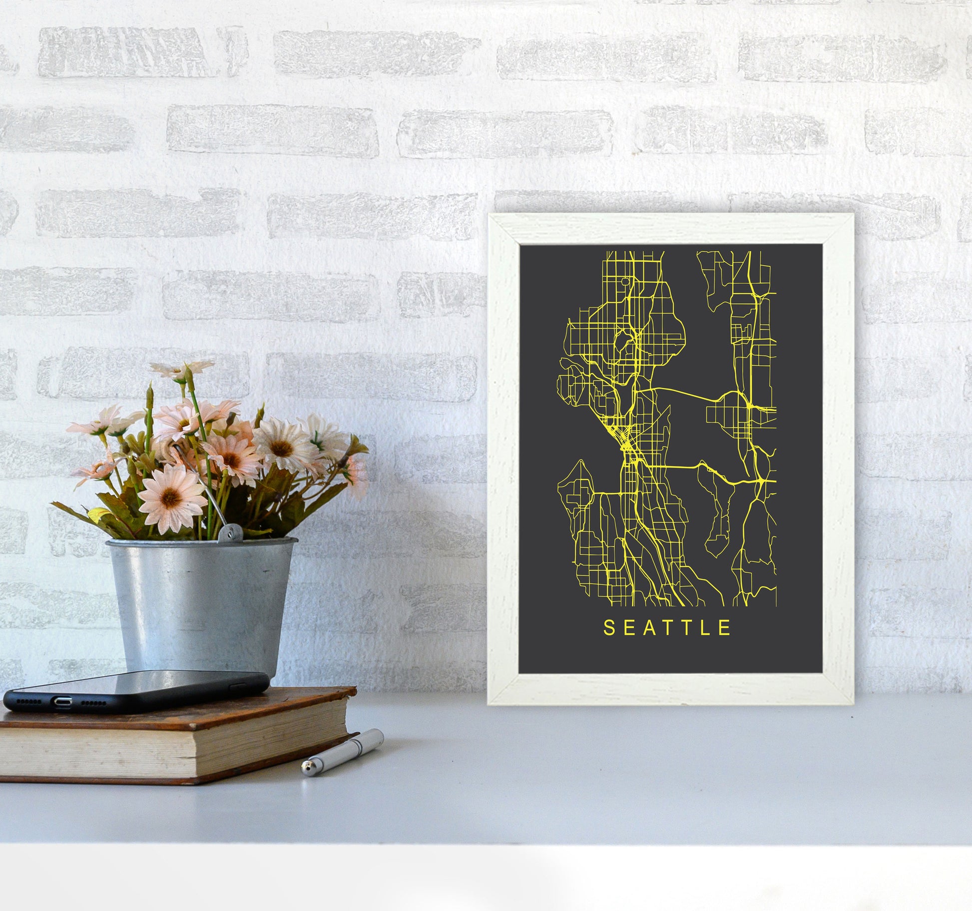 Seattle Map Neon Art Print by Pixy Paper A4 Oak Frame