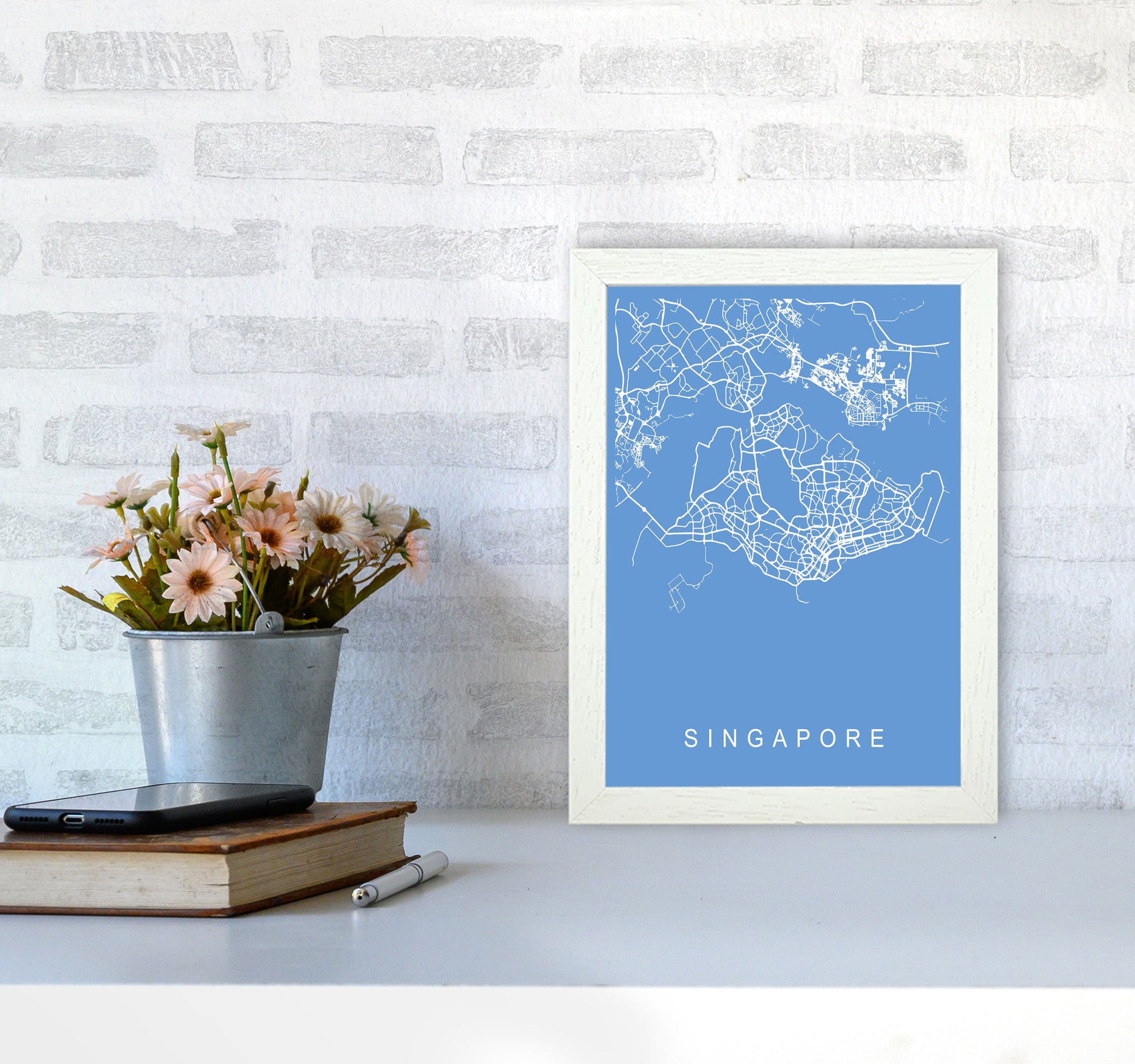 Singapore Map Blueprint Art Print by Pixy Paper A4 Oak Frame