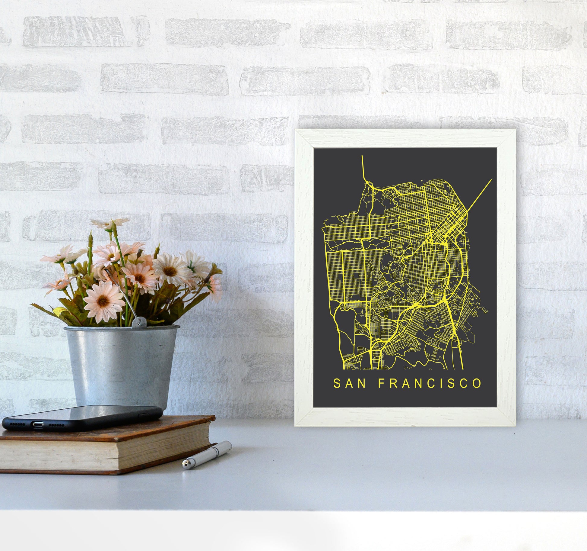 San Francisco Map Neon Art Print by Pixy Paper A4 Oak Frame