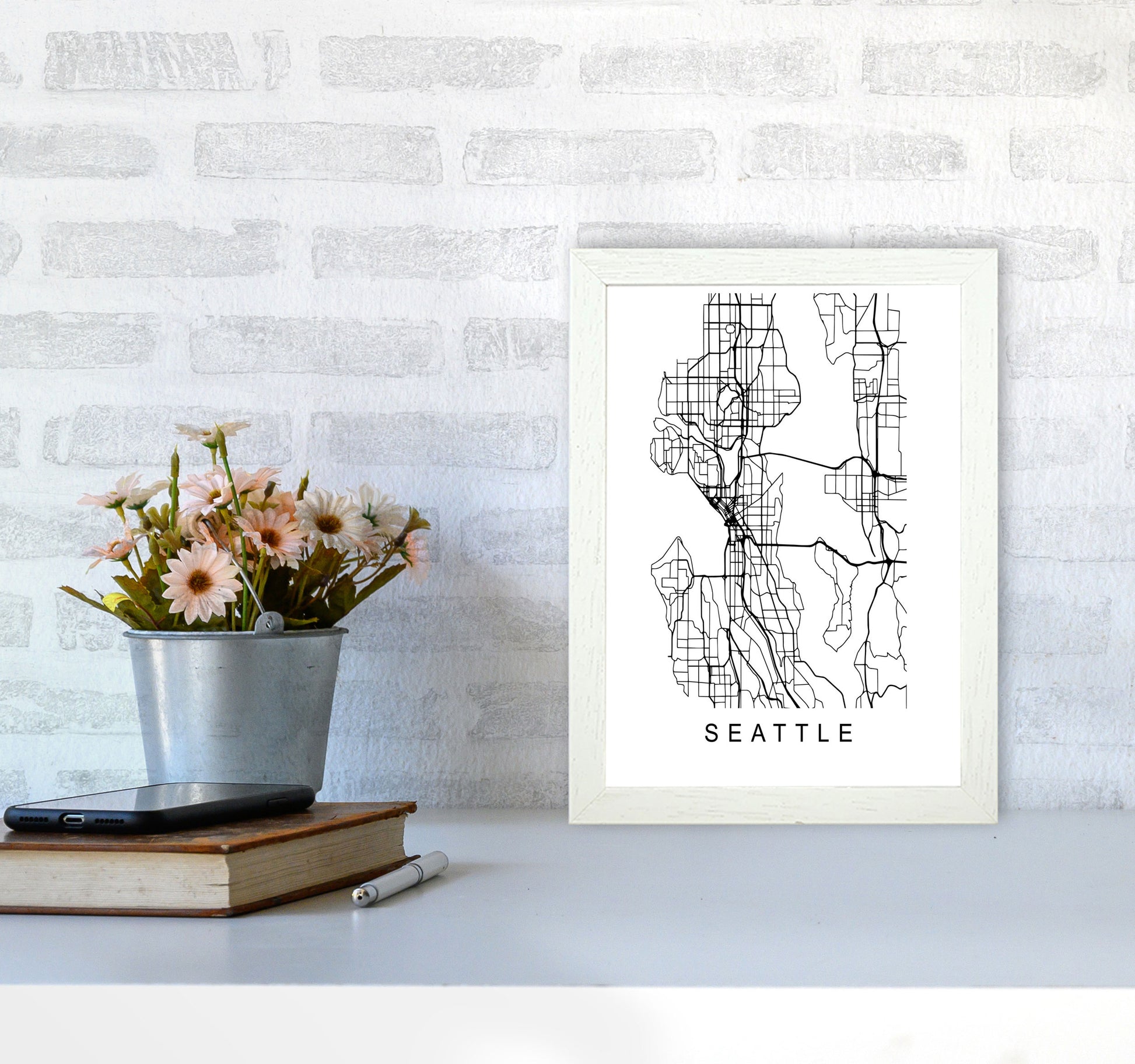 Seattle Map Art Print by Pixy Paper A4 Oak Frame