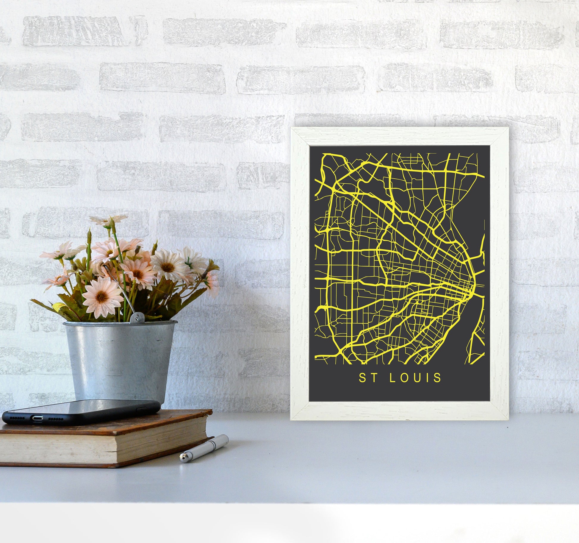 St Louis Map Neon Art Print by Pixy Paper A4 Oak Frame