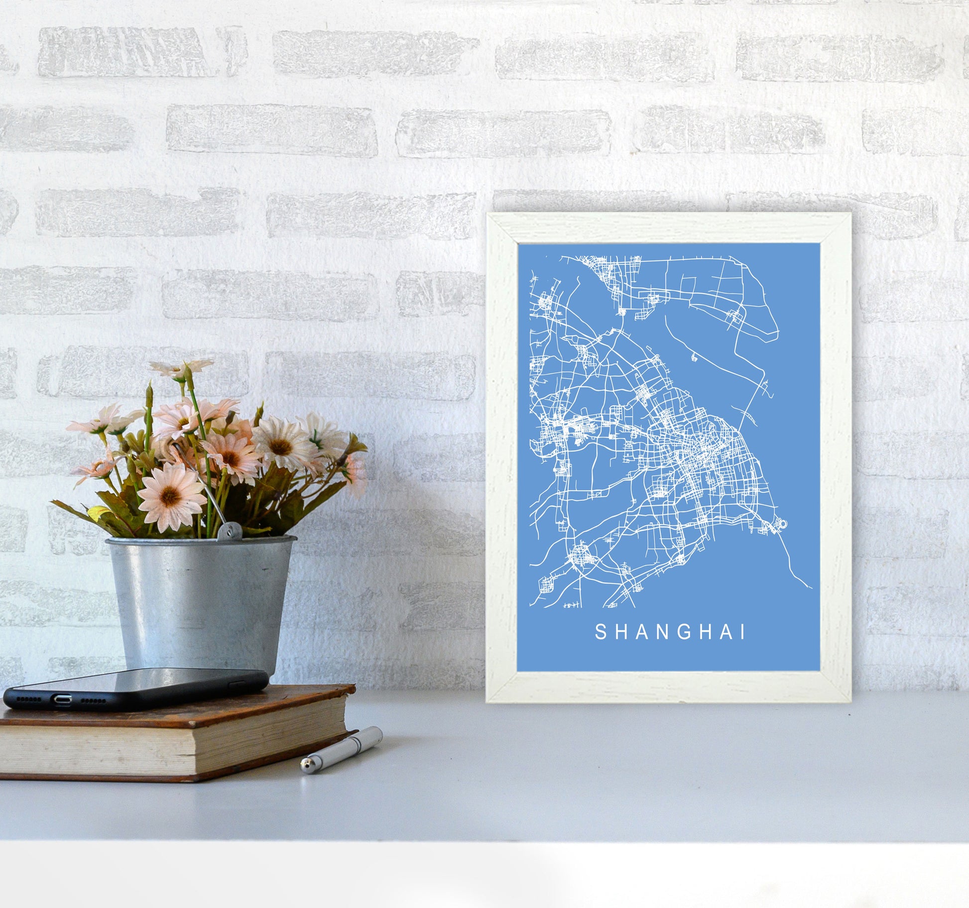 Shanghai Map Blueprint Art Print by Pixy Paper A4 Oak Frame