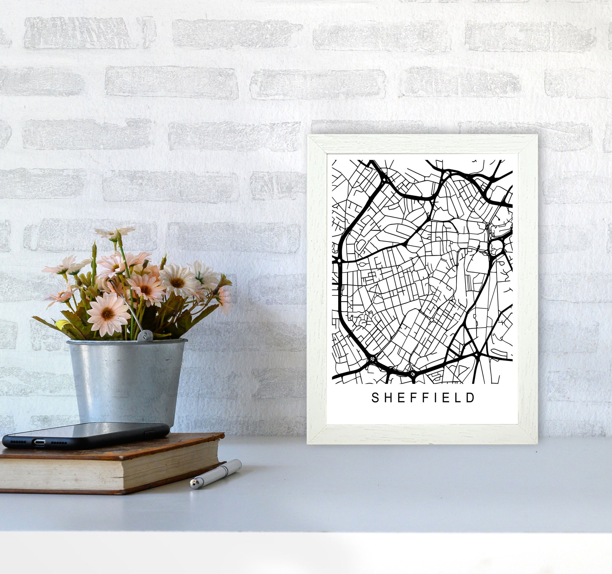 Sheffield Map Art Print by Pixy Paper A4 Oak Frame
