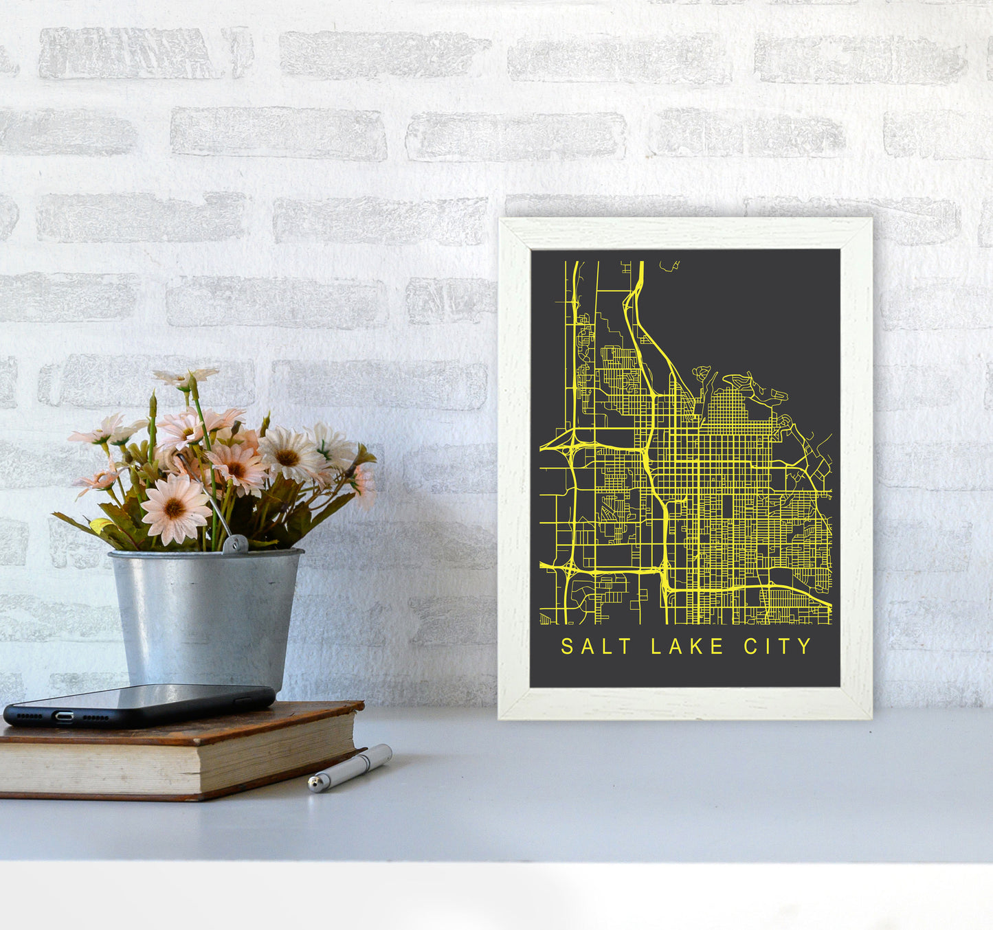 Salt Lake City Map Neon Art Print by Pixy Paper A4 Oak Frame