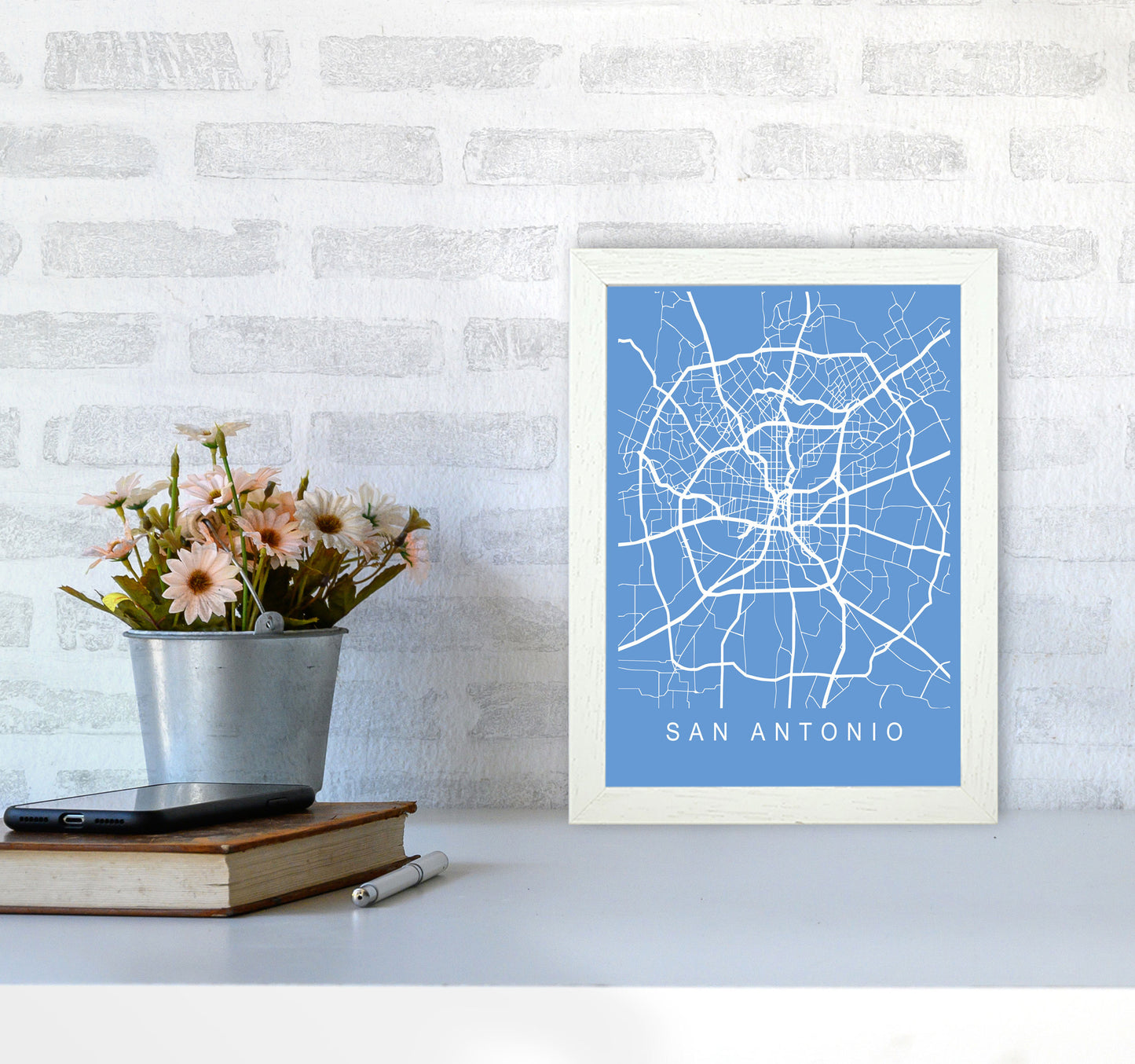 San Antonio Map Blueprint Art Print by Pixy Paper A4 Oak Frame