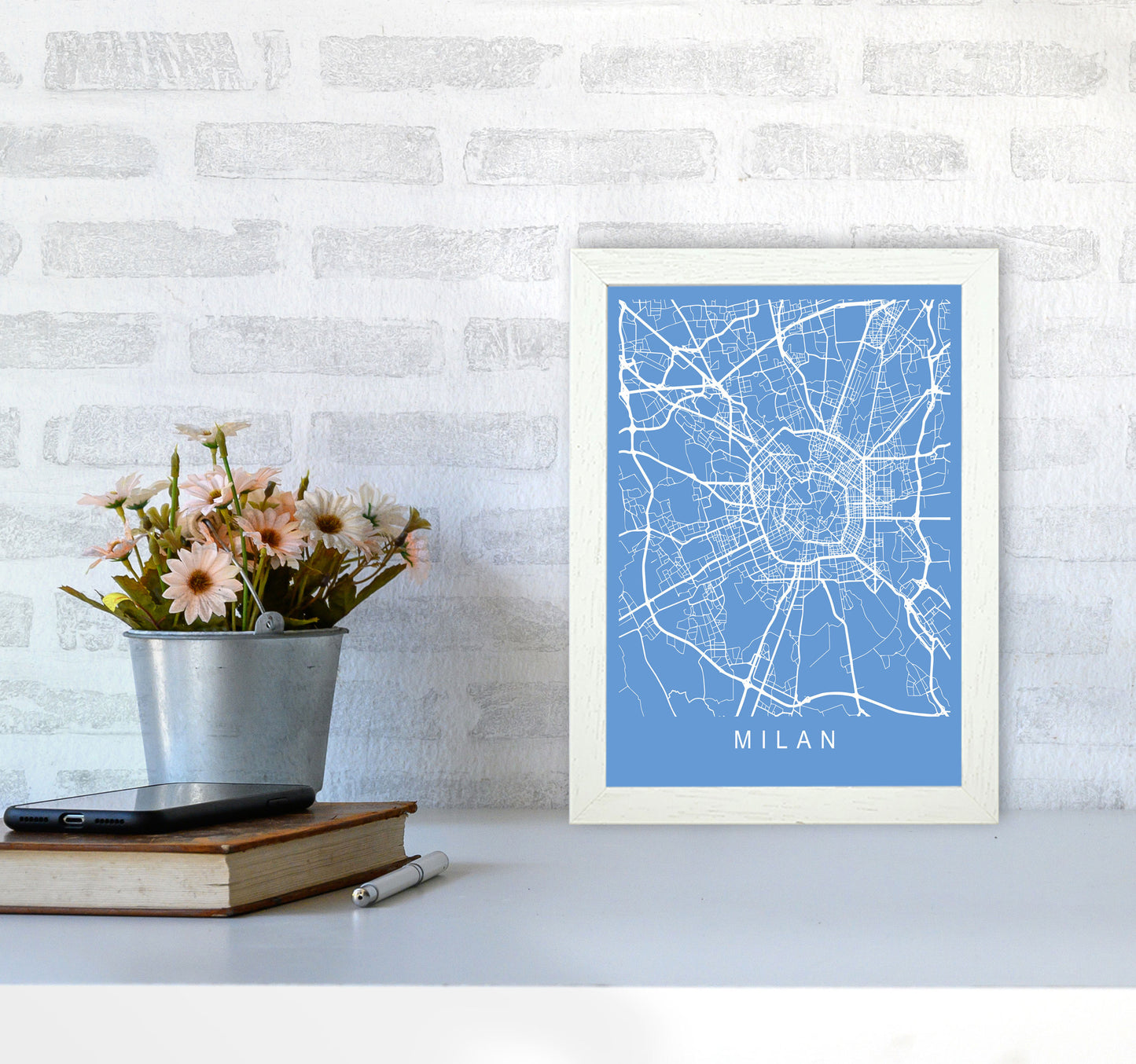 Milan Map Blueprint Art Print by Pixy Paper A4 Oak Frame