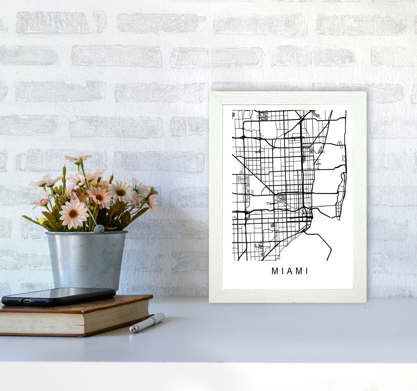 Miami Map Art Print by Pixy Paper A4 Oak Frame