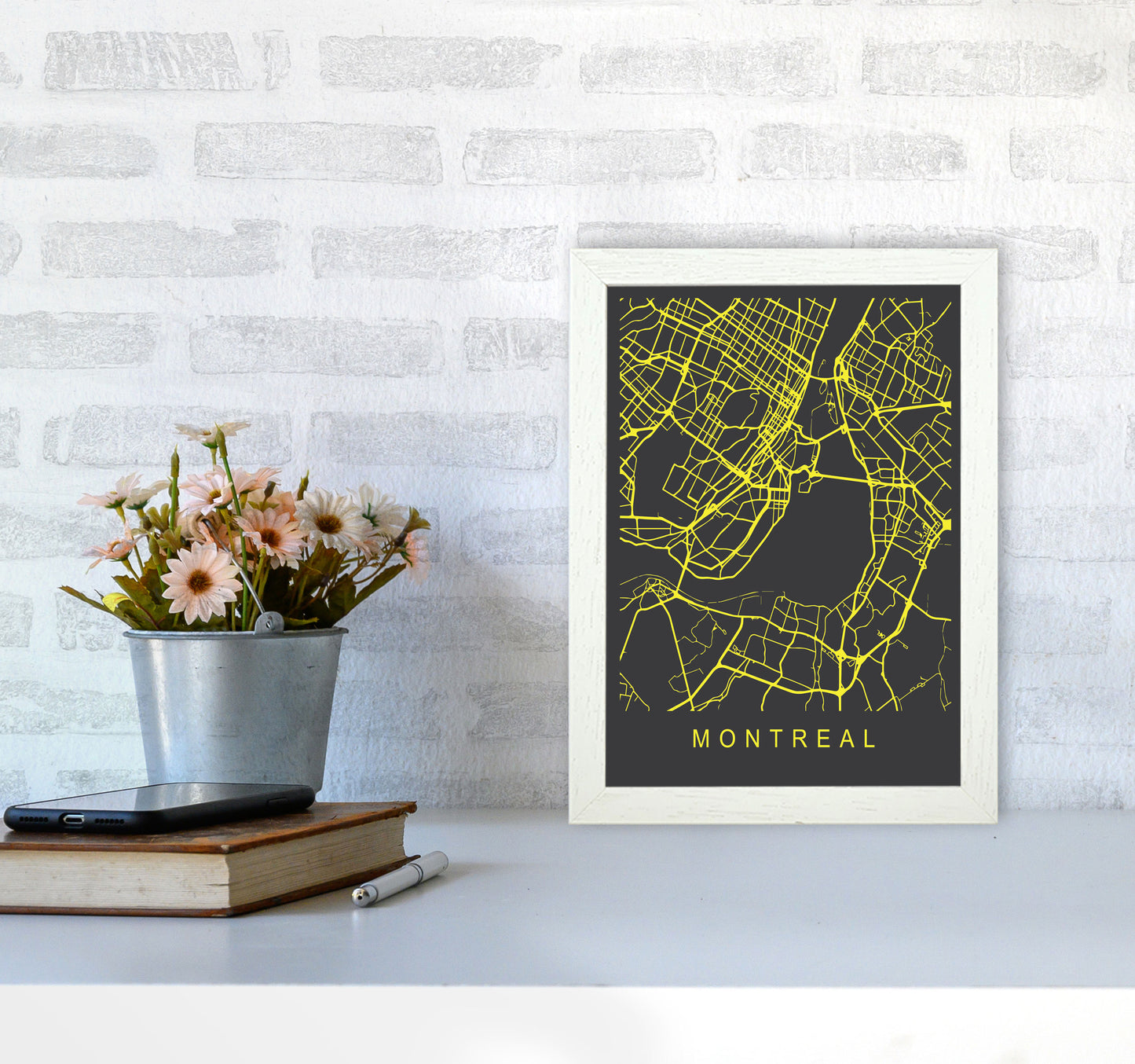 Montreal Map Neon Art Print by Pixy Paper A4 Oak Frame