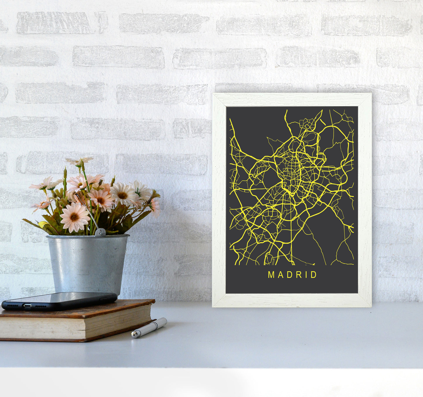 Madrid Map Neon Art Print by Pixy Paper A4 Oak Frame
