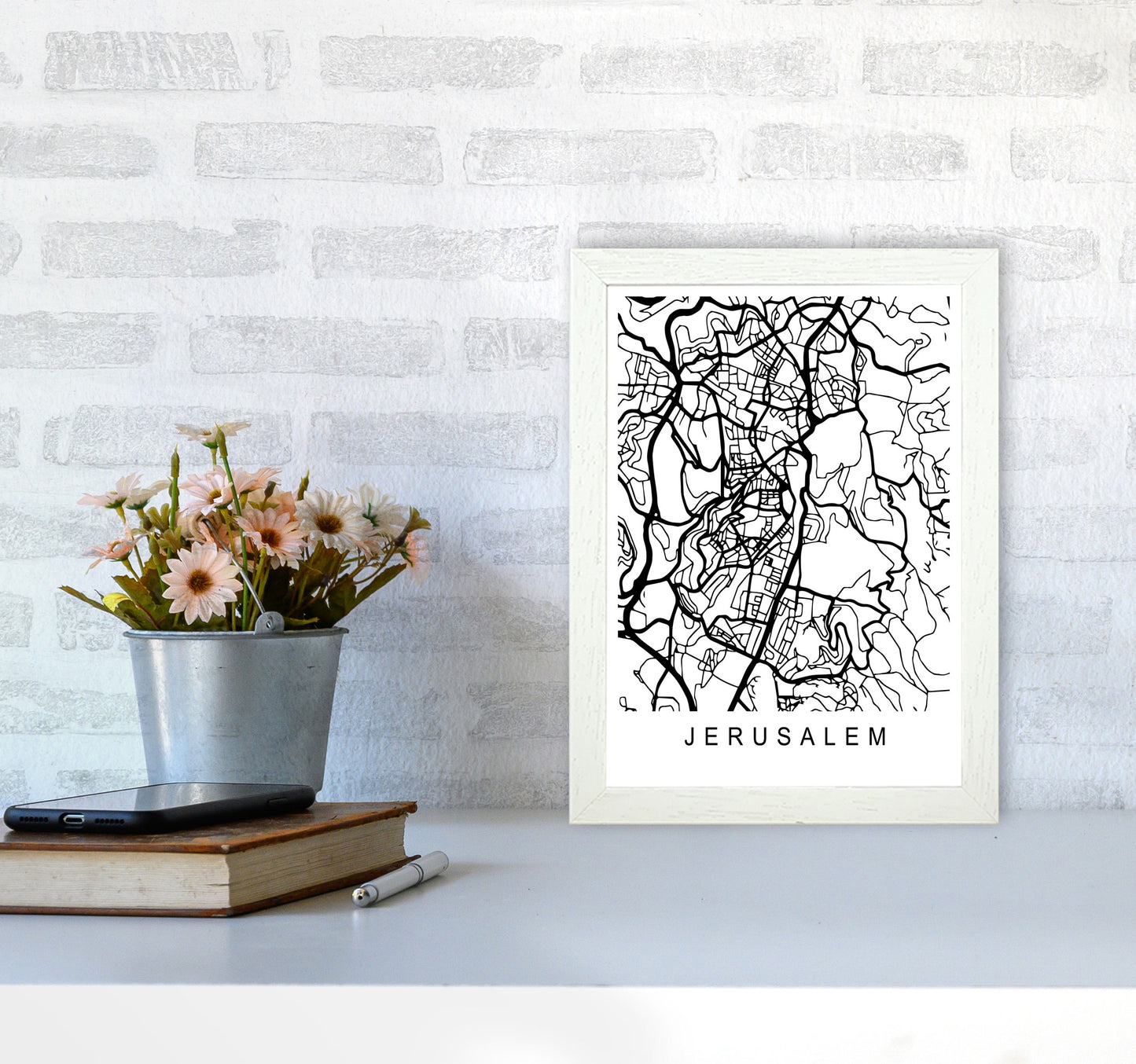 Jerusalem Map Art Print by Pixy Paper A4 Oak Frame