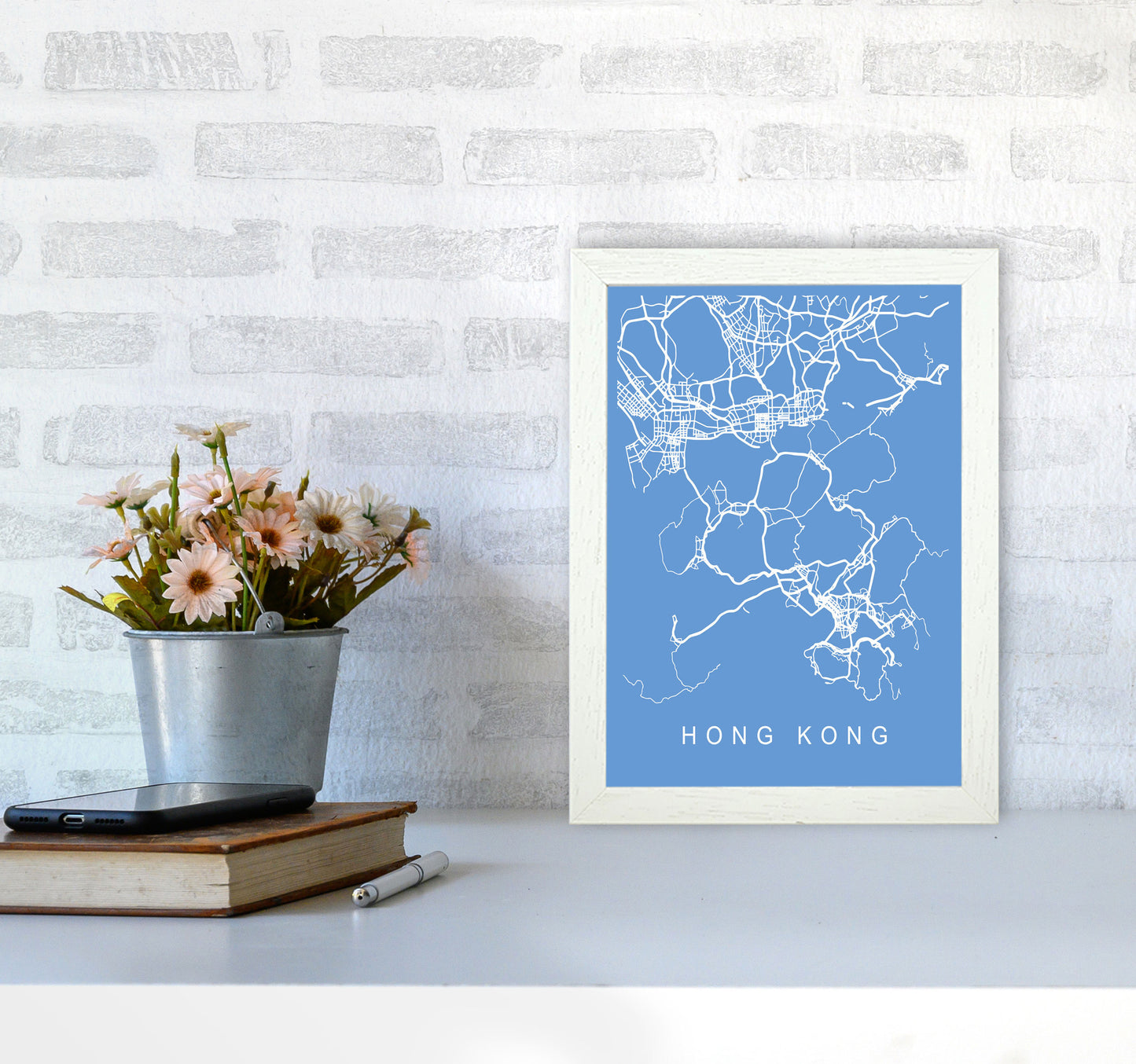 Hong Kong Map Blueprint Art Print by Pixy Paper A4 Oak Frame