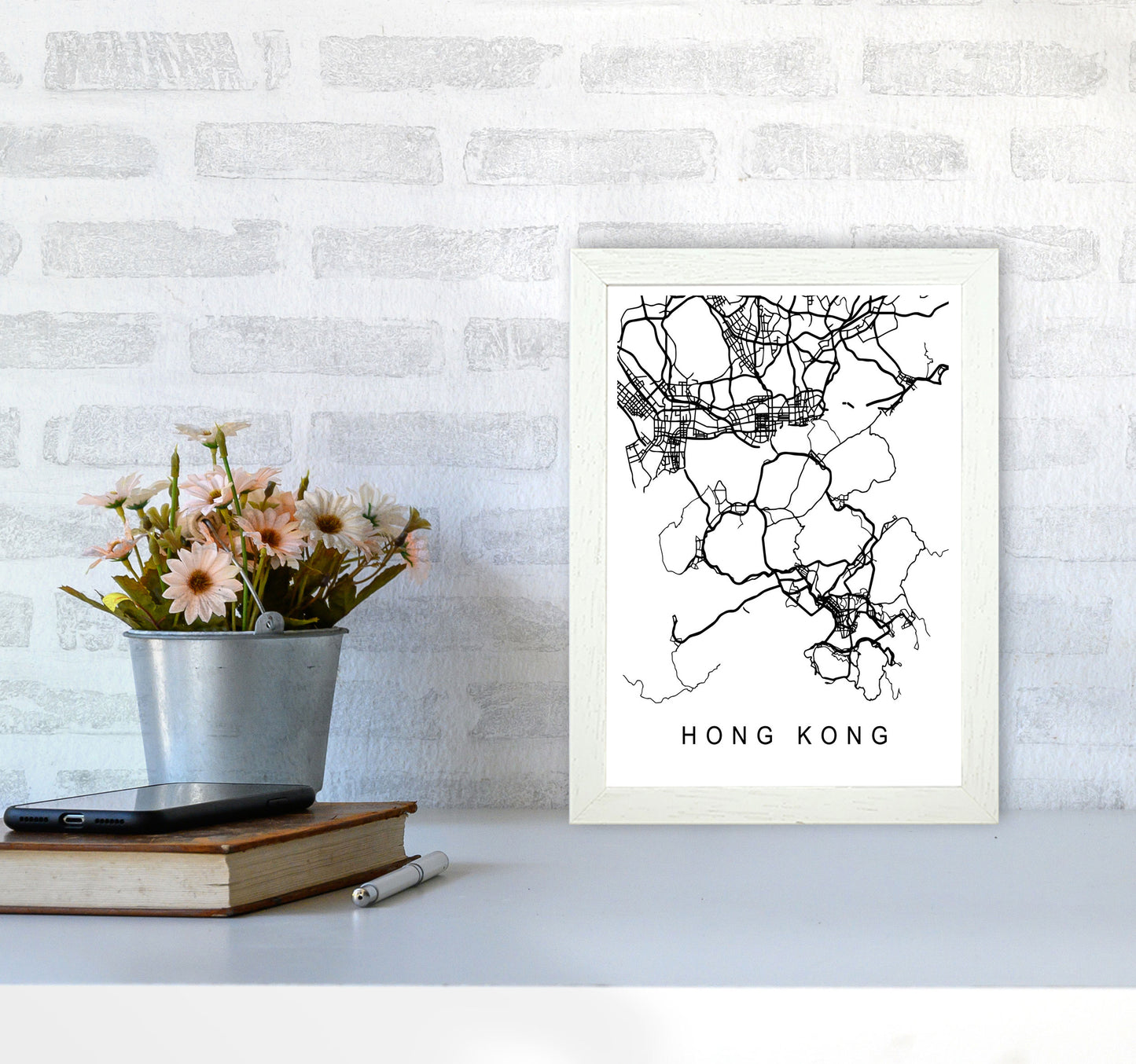 Hong Kong Map Art Print by Pixy Paper A4 Oak Frame