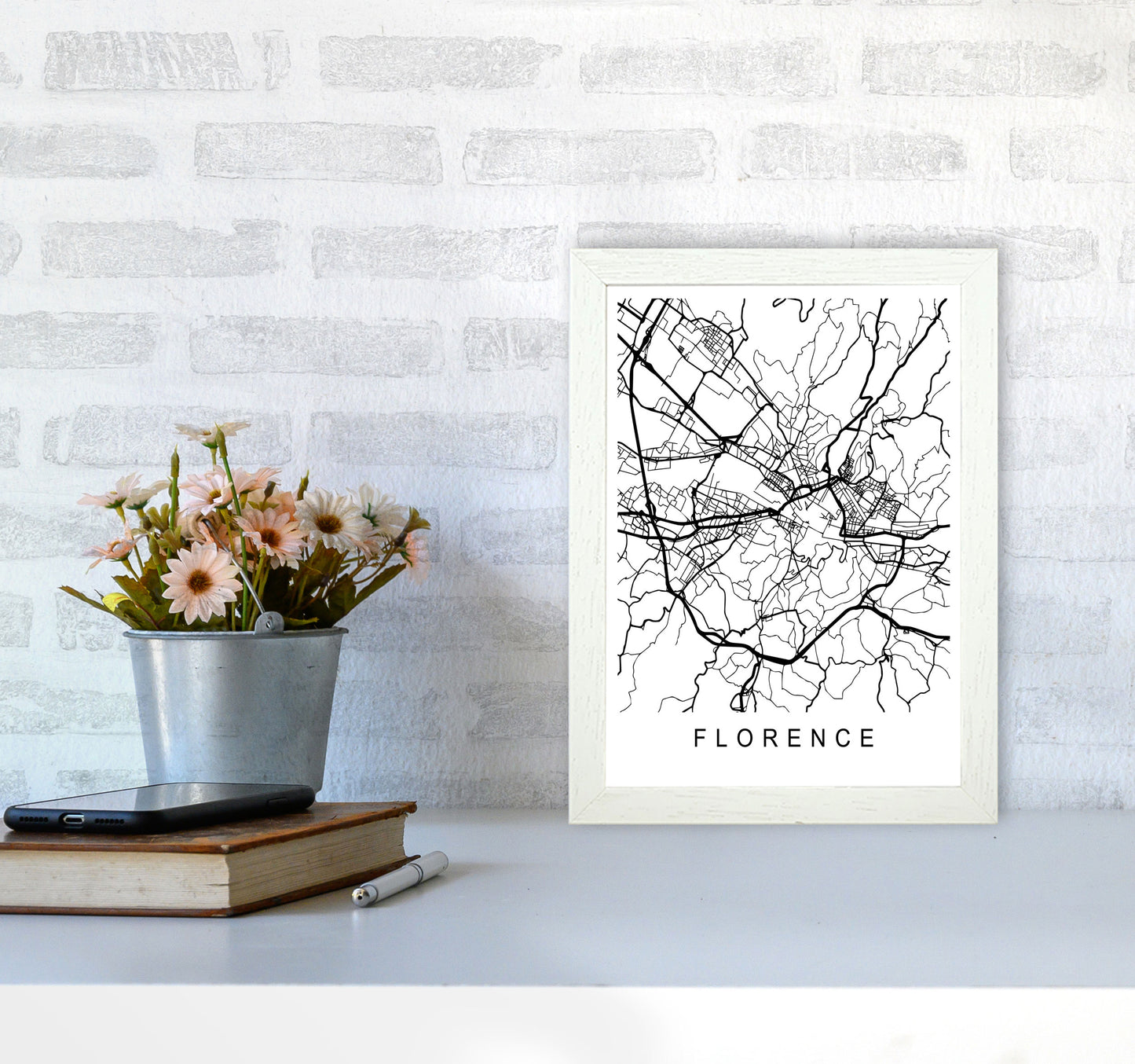Florence Map Art Print by Pixy Paper A4 Oak Frame