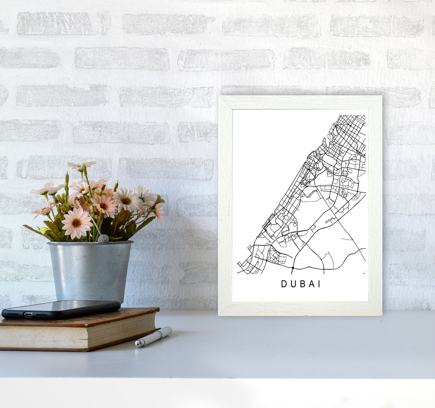 Dubai Map Art Print by Pixy Paper A4 Oak Frame