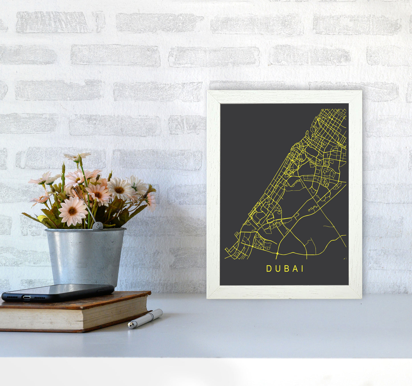 Dubai Map Neon Art Print by Pixy Paper A4 Oak Frame