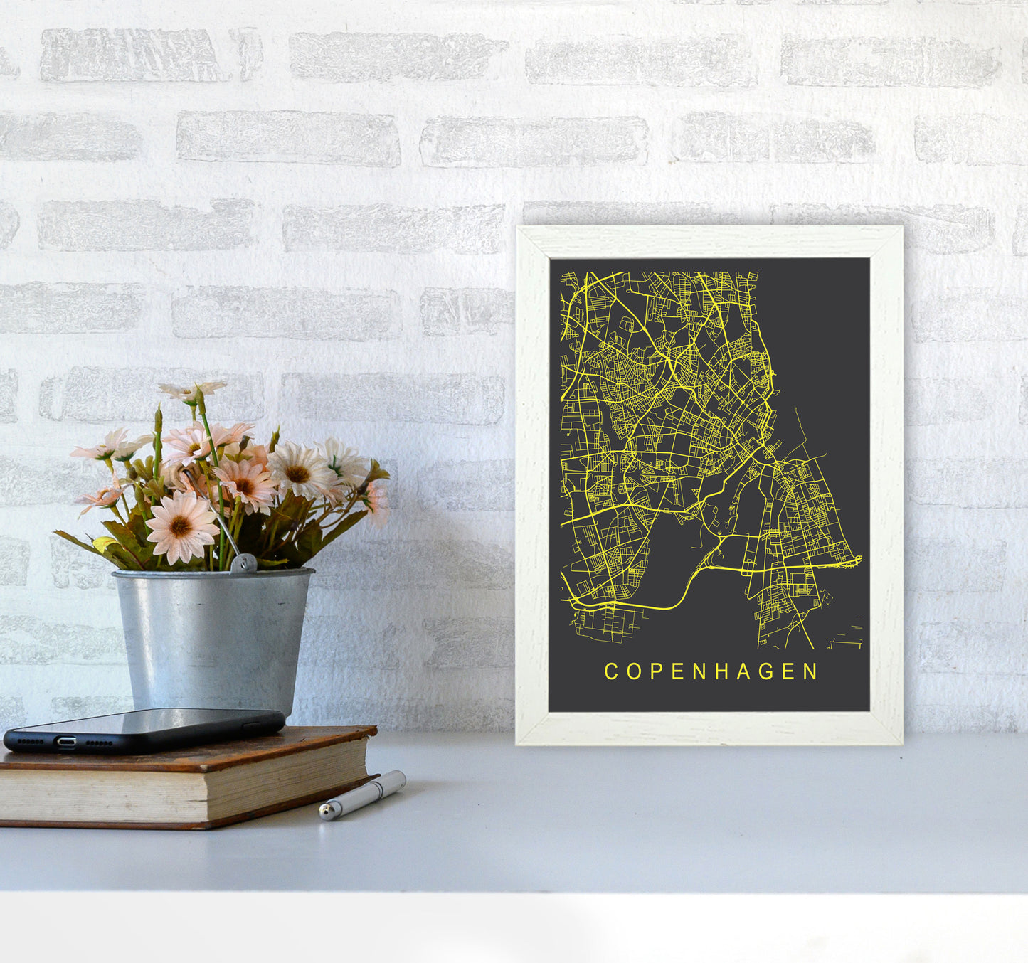 Copenhagen Map Neon Art Print by Pixy Paper A4 Oak Frame