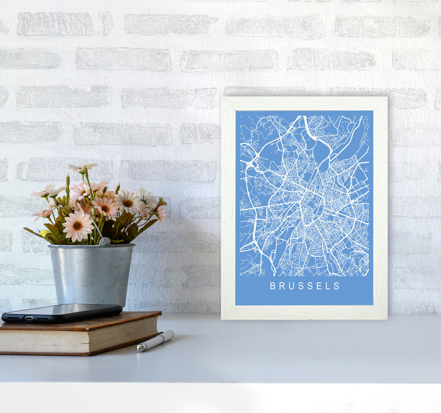 Brussels Map Blueprint Art Print by Pixy Paper A4 Oak Frame