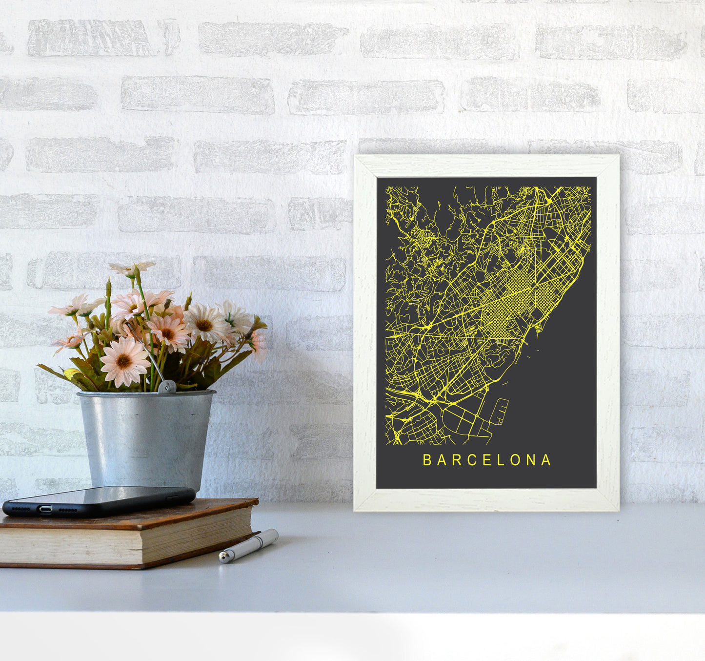 Barcelona Map Neon Art Print by Pixy Paper A4 Oak Frame