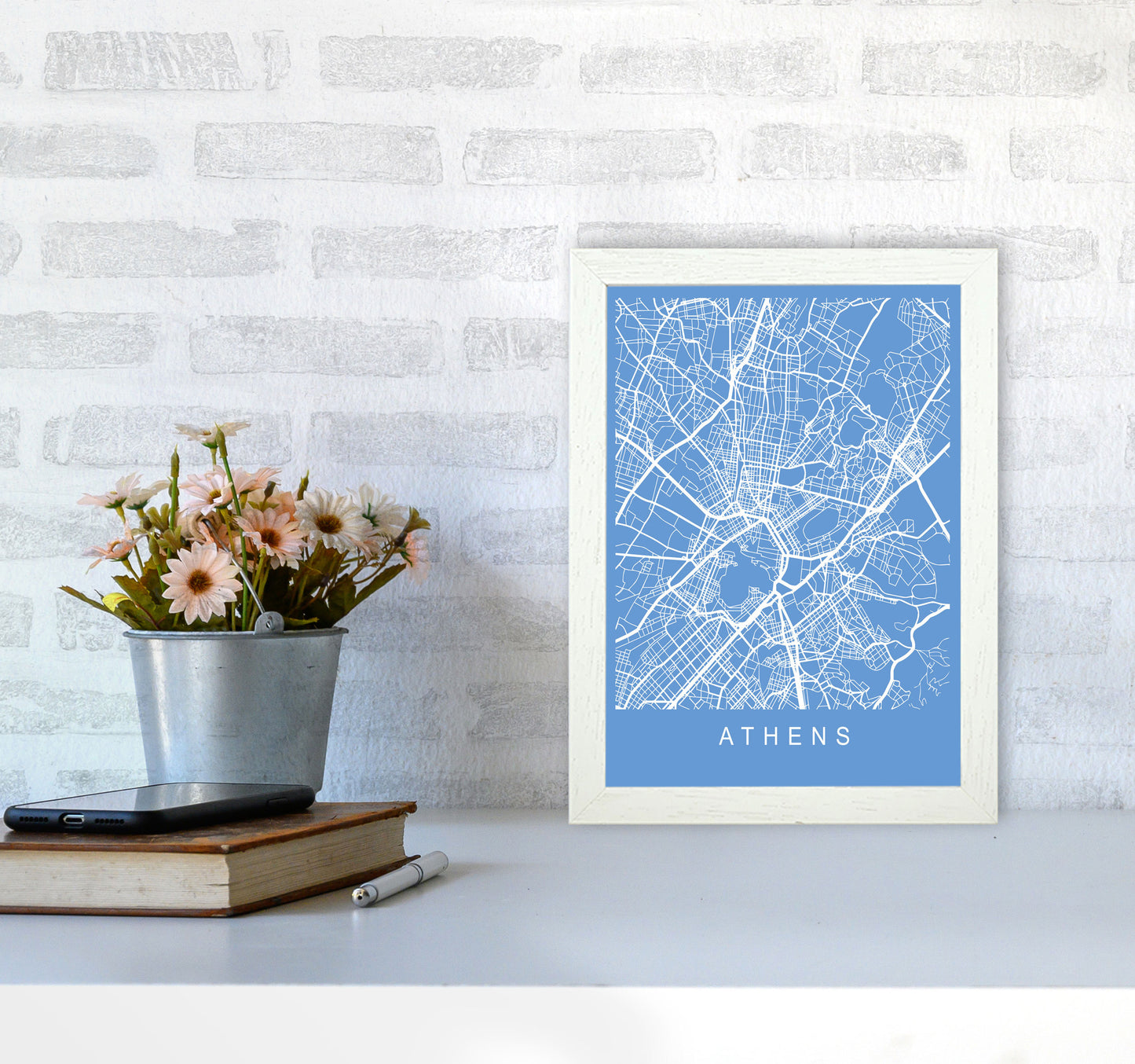 Athens Map Blueprint Art Print by Pixy Paper A4 Oak Frame