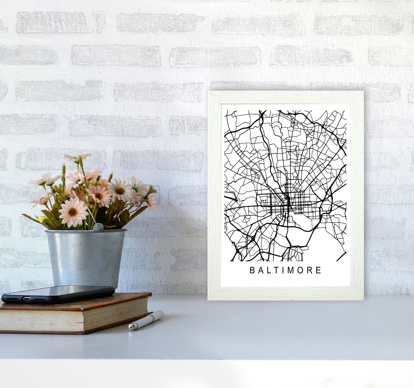 Baltimore Map Art Print by Pixy Paper A4 Oak Frame