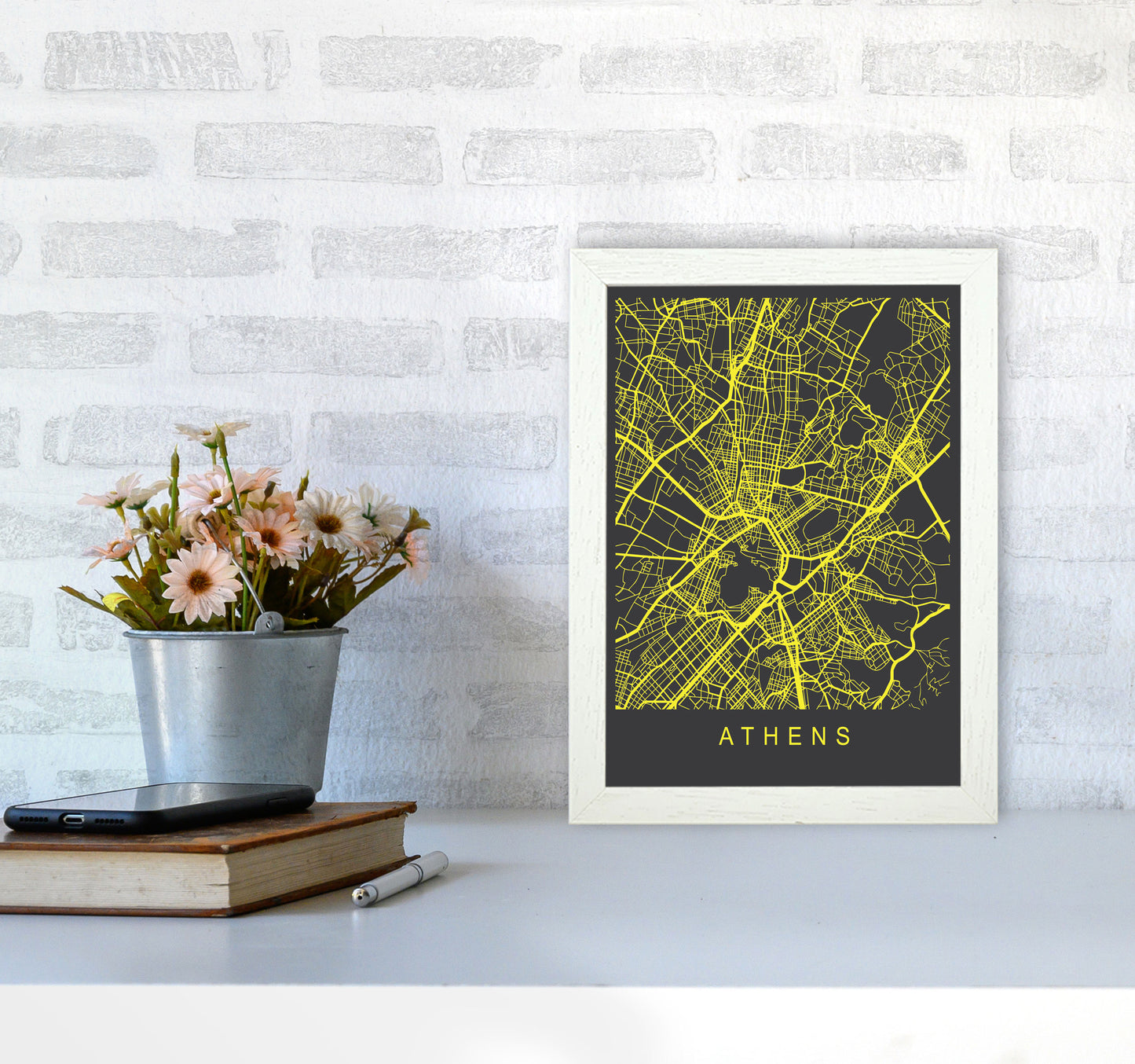 Athens Map Neon Art Print by Pixy Paper A4 Oak Frame