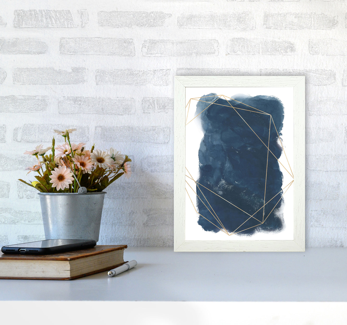 Aztec Navy Watercolour Art Print by Pixy Paper A4 Oak Frame