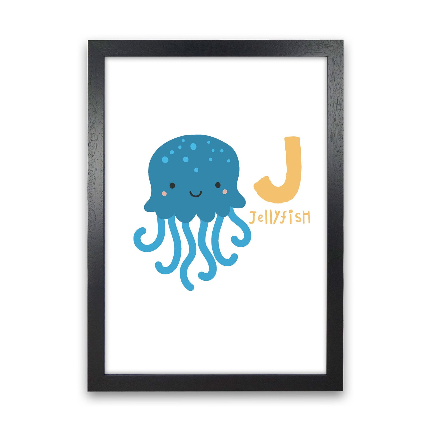 Alphabet Animals, J Is For Jellyfish Framed Nursey Wall Art Print Black Grain