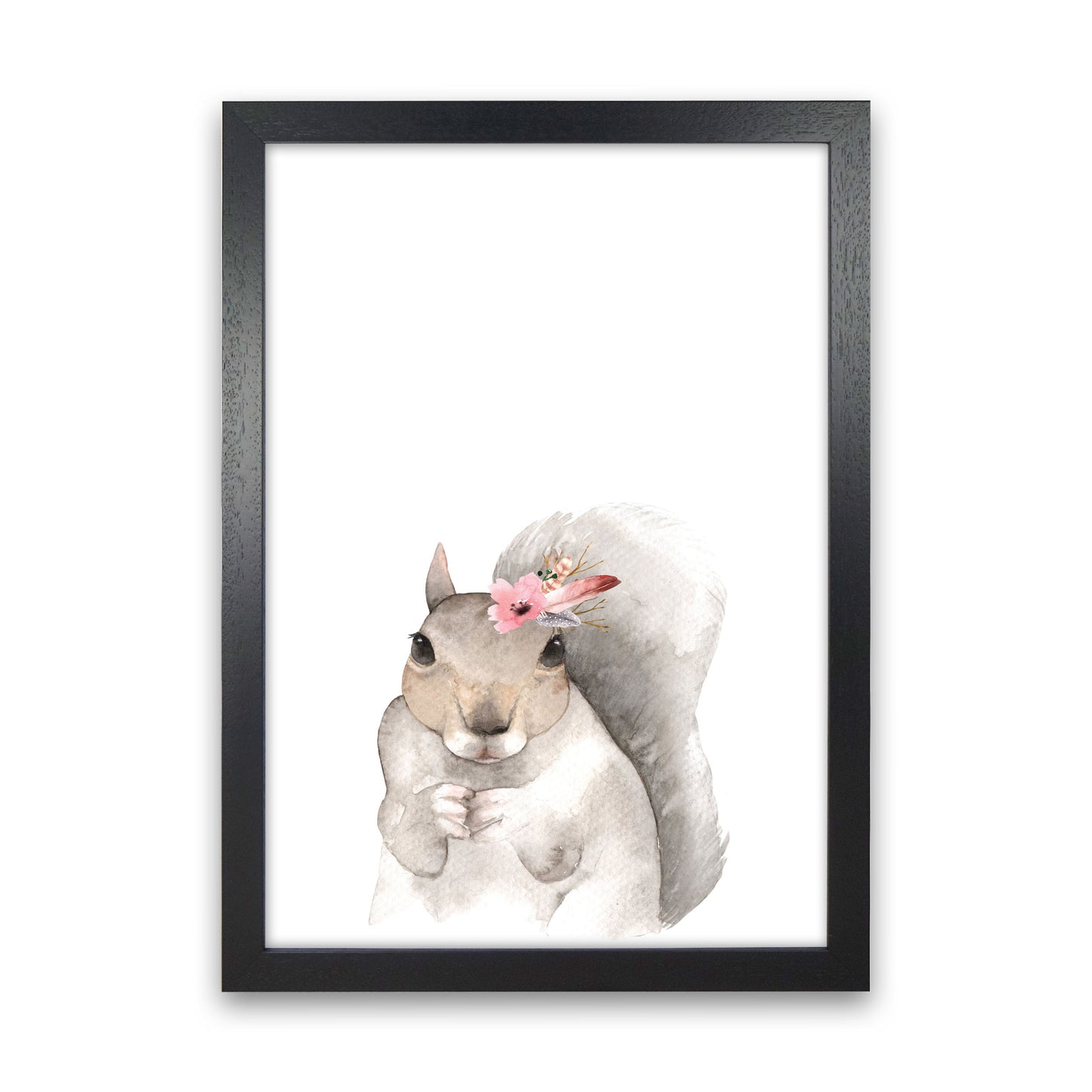 Forest Friends, Floral Cute Squirrel Modern Print Animal Art Print Black Grain