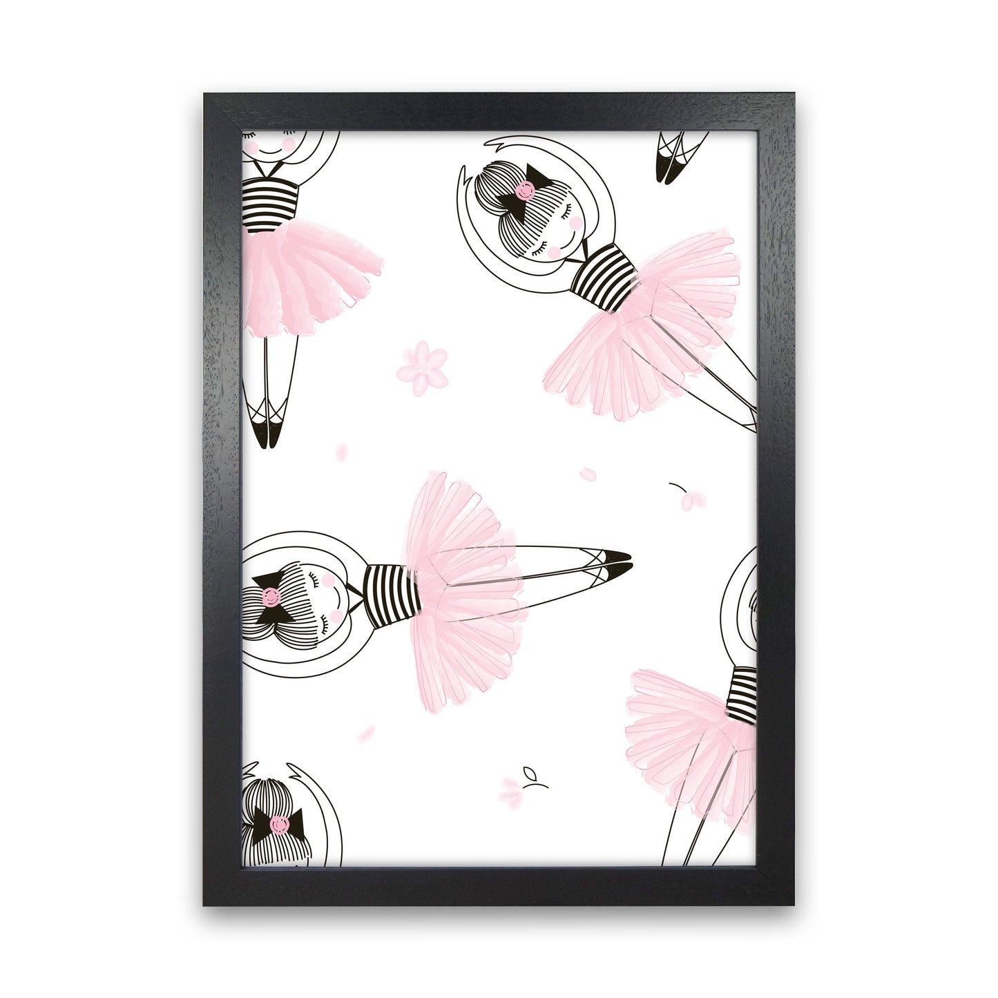 Ballerina Repeat Pattern Framed Nursey Wall Art Print Black Grain