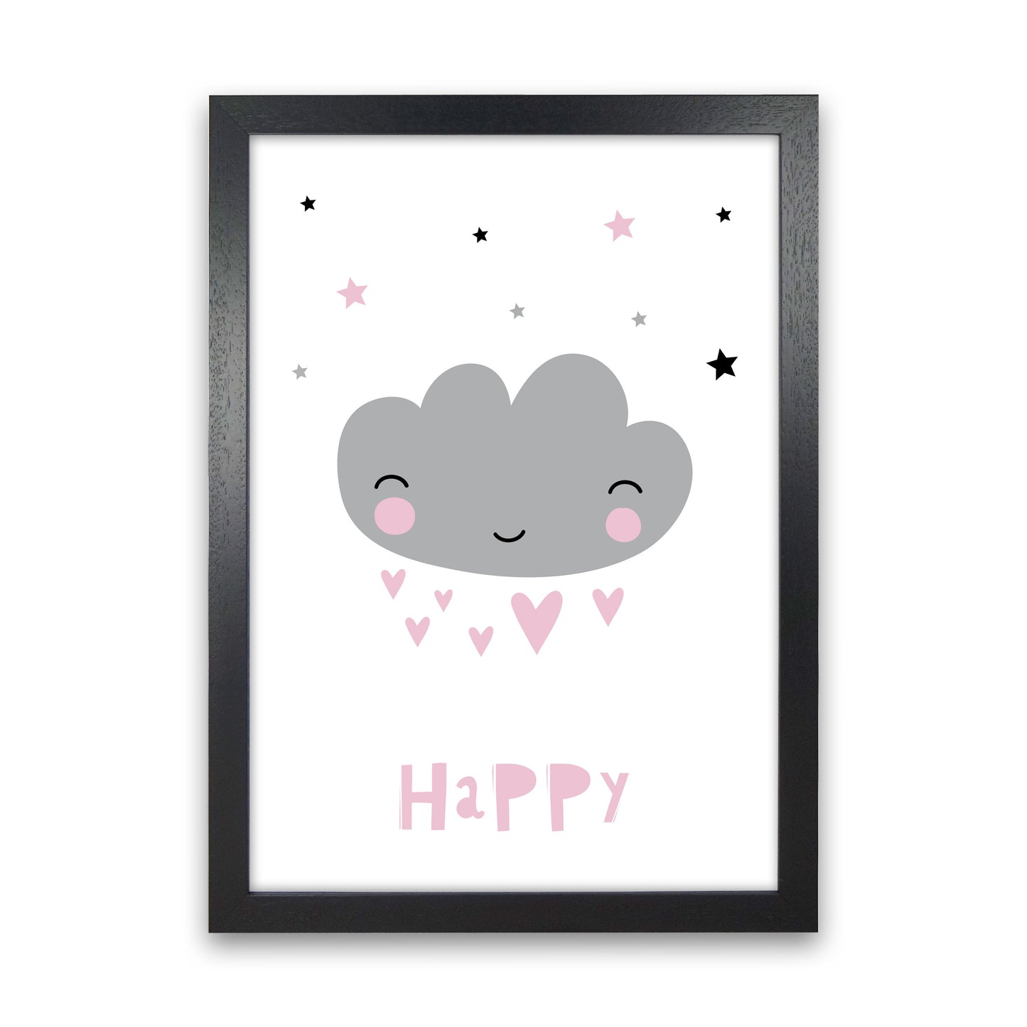 Happy Cloud Framed Nursey Wall Art Print Black Grain