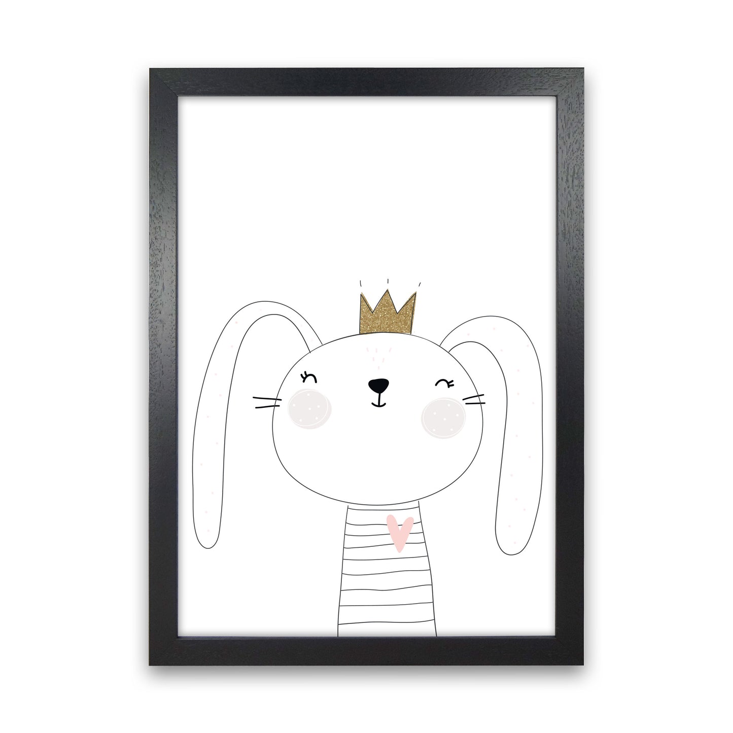 Scandi Cute Bunny With Crown Framed Nursey Wall Art Print Black Grain