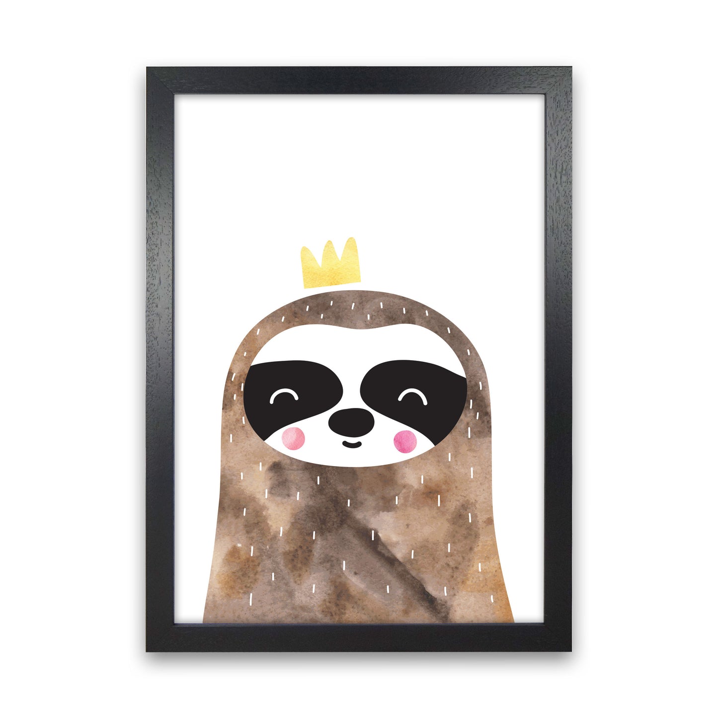 Scandi Brown Sloth Watercolour Framed Nursey Wall Art Print Black Grain