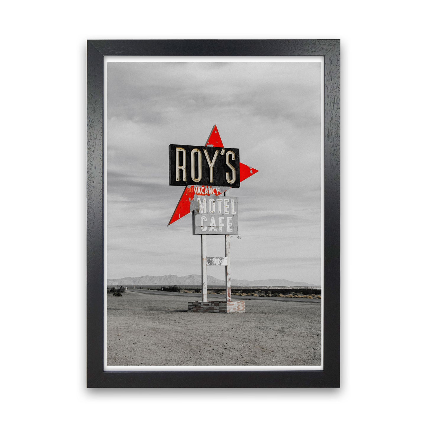 Vintage Roy's Motel Road Sign Modern Print Black Grain